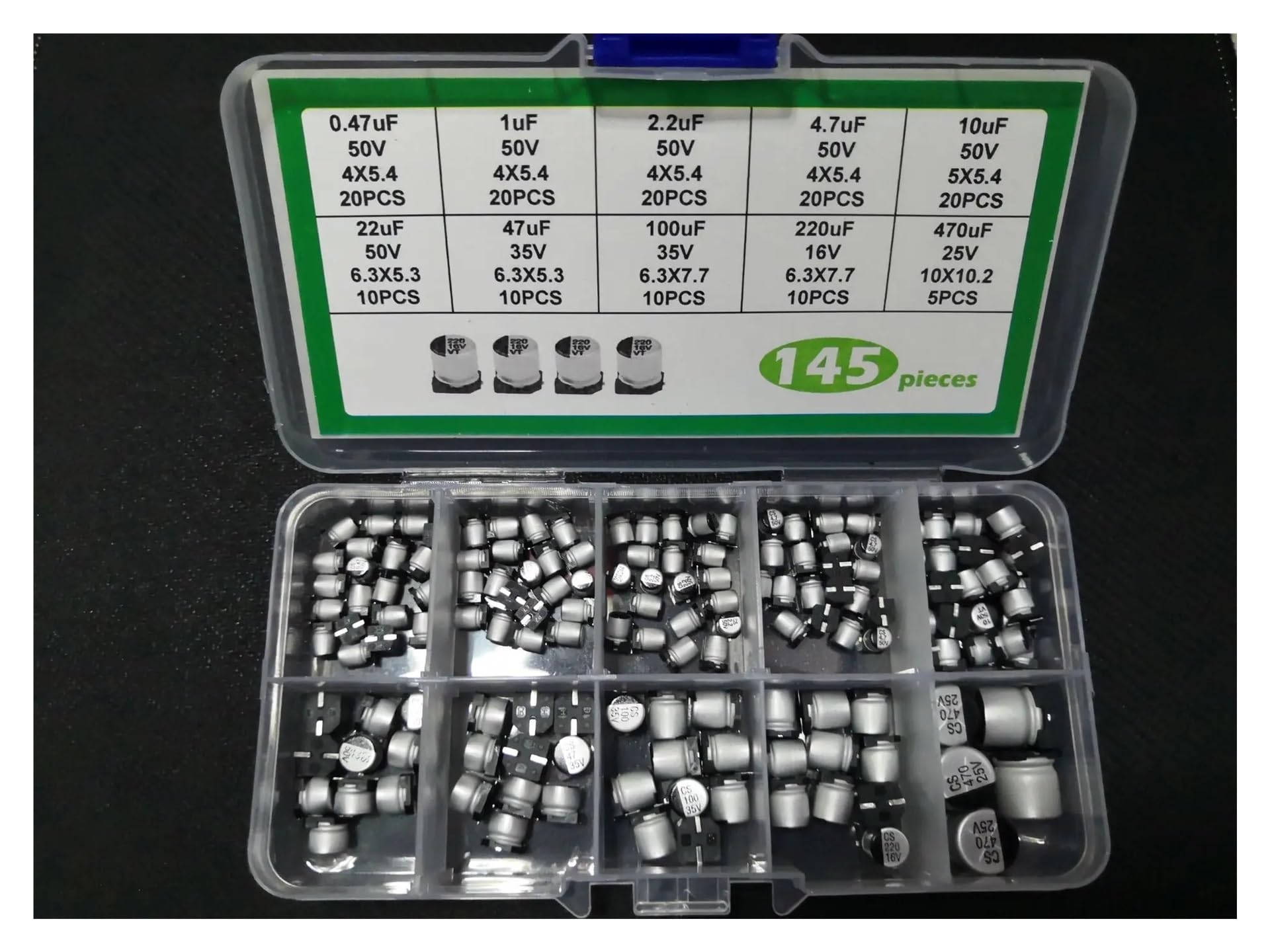 ICXLPMC 10value Mix Aluminum Electrolytic Capacitor Kit Box 145PCS 0.47uf 1uf 2.2uf 4.7uf 10uf 22uf 47uf 100uf 220uf 470uf 10v 25v 35v