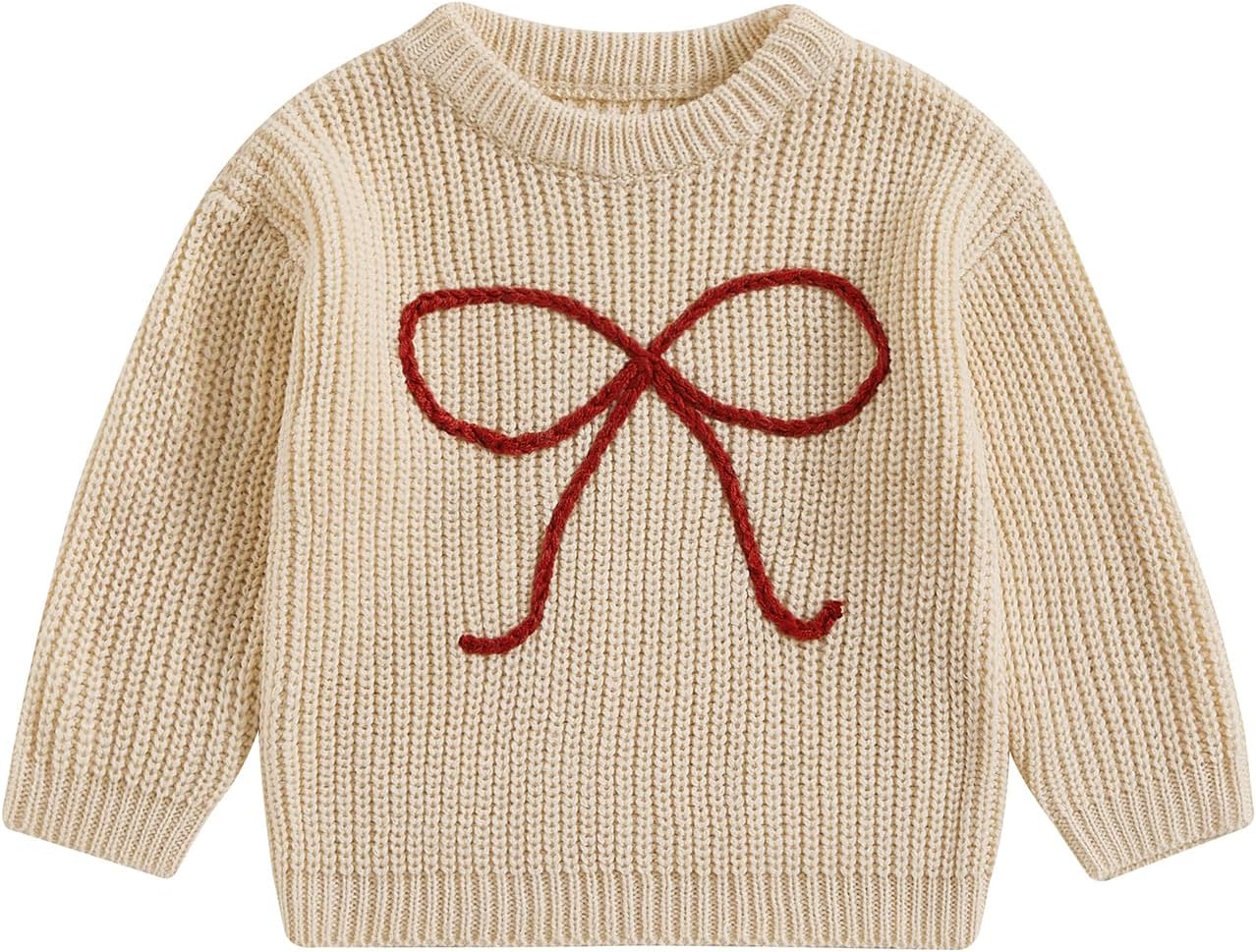 Toddler Baby Girl Knit Sweater Bow Embroidery Chunky Sweatshirt Tops Oversized Warm Christmas Fall Winter Clothes