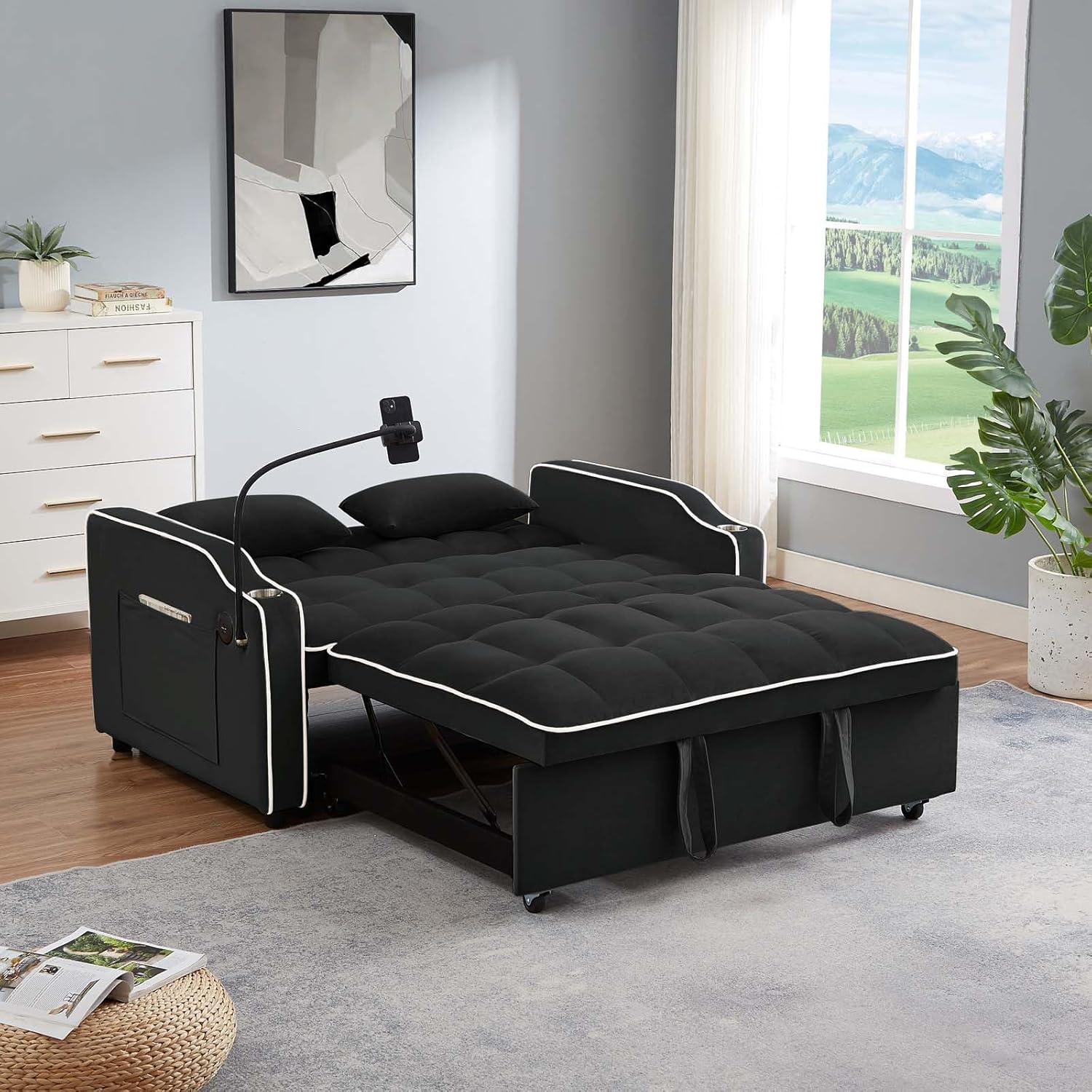 3 in 1 Velvet Pull Out Sleeper Sofa Bed with Cup Holder&USB Port, Modern 2-Seater Convertible Futon Couch Loveseat with Phone Stand&Storage Pockets for Living Room Apartment (Black)