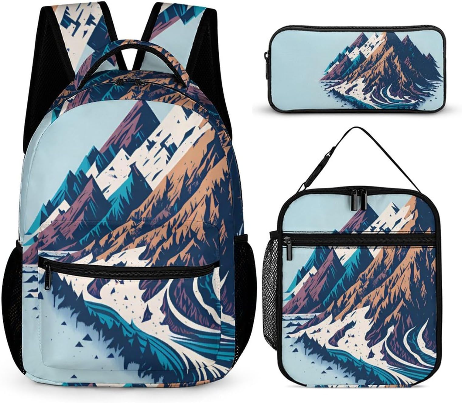 BNSSJAVS Backpack 3Pcs Set, School Bookbag Set with Lunch Box and Pencil Case for Boys Girls Teens - Castle Month, Mountain 20