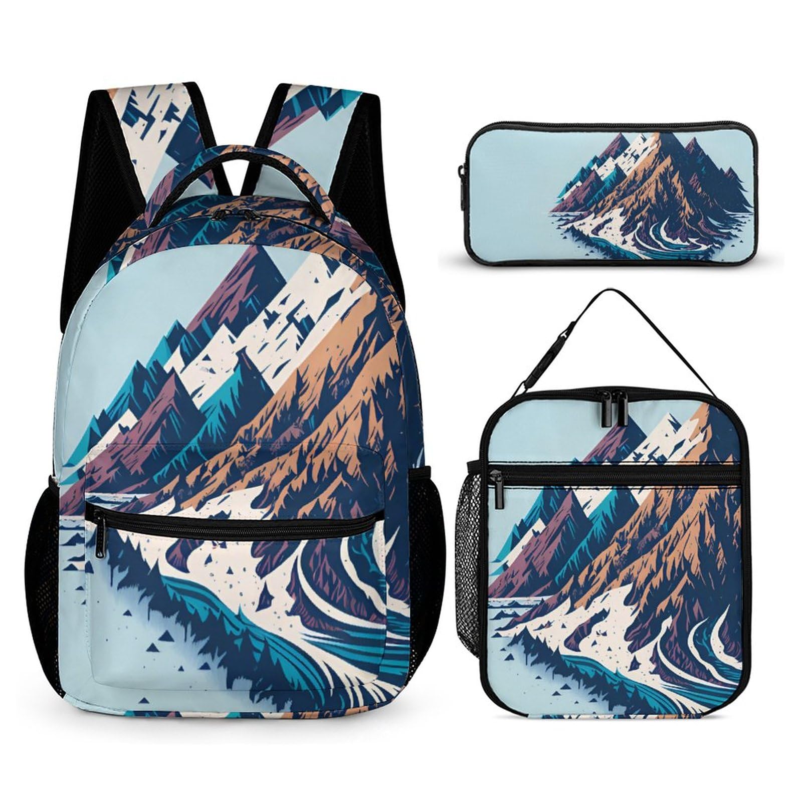 BNSSJAVS Backpack 3Pcs Set, School Bookbag Set with Lunch Box and Pencil Case for Boys Girls Teens - Castle Month, Mountain 20