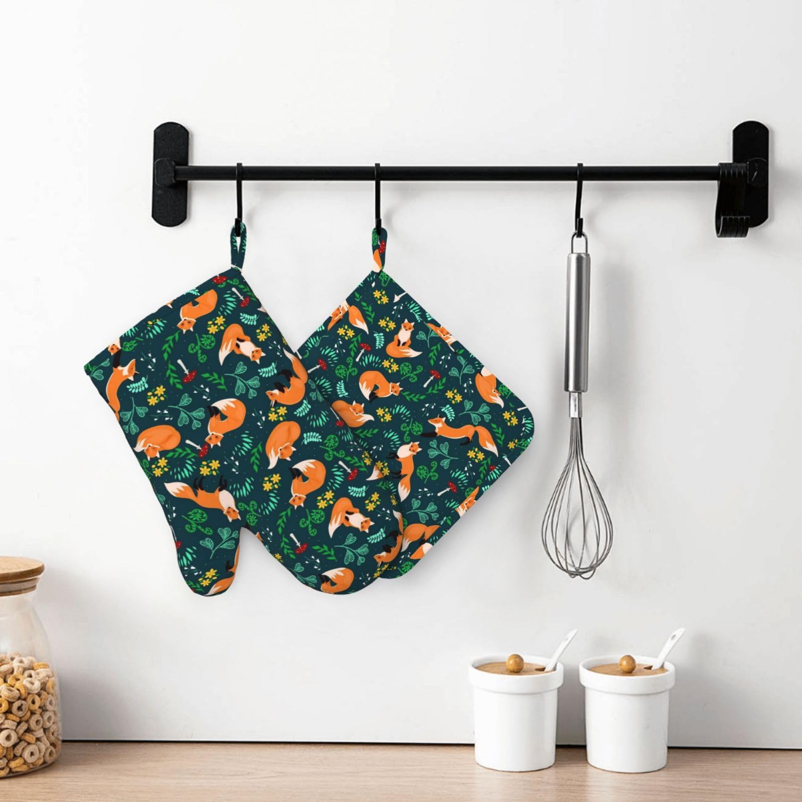 Lot de 4 maniques et maniques tendance en forme de renard - Résistantes à la chaleur - Motif floral vert - Pour cuisine, pâtisserie, grillades, barbecue