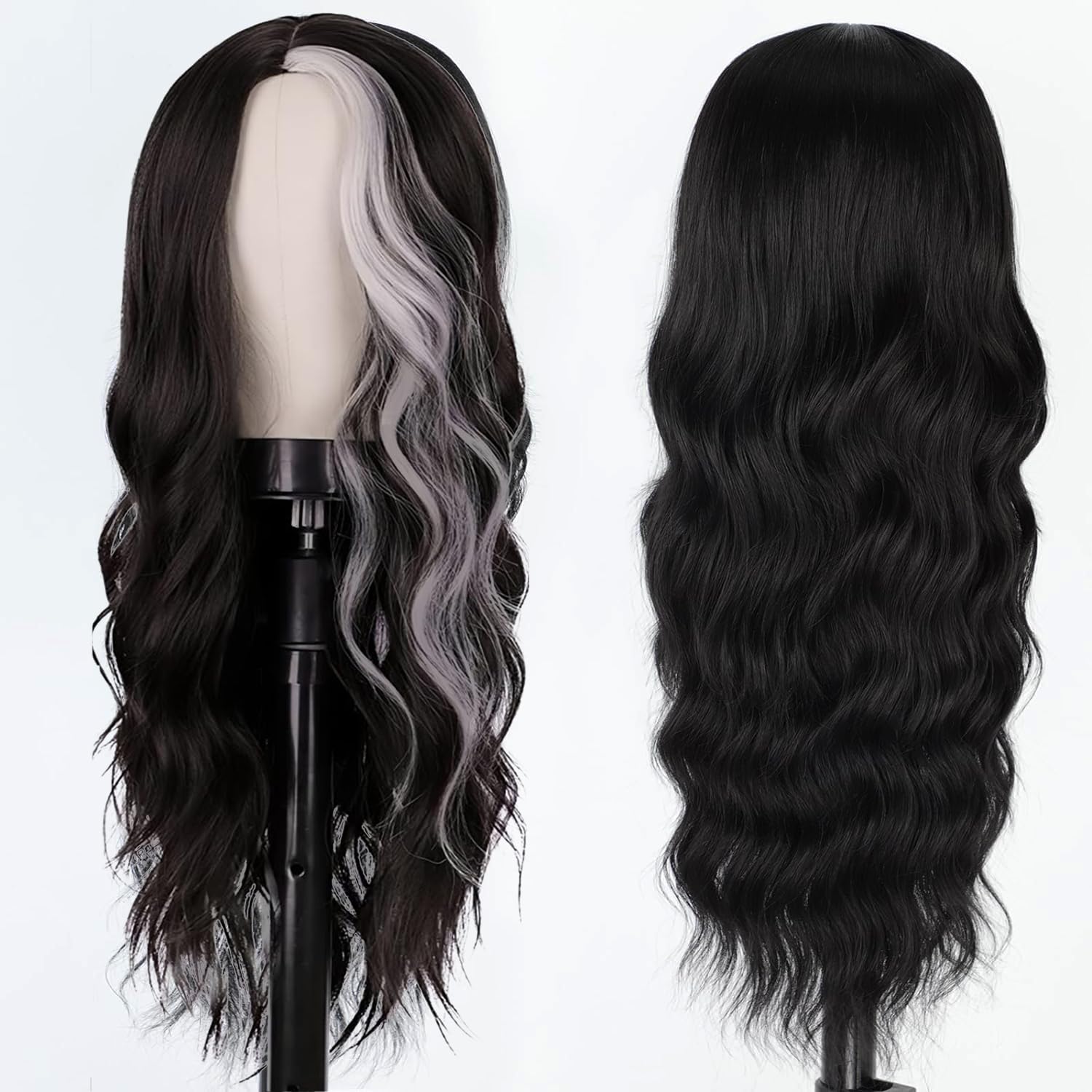 Sabosi Long Wavy Black White Wigs for Women 26 Inch Middle Part Curly Wavy Wig Natural Looking Synthetic Heat Resistant Fiber Wig for Daily Party Use… - Image 2