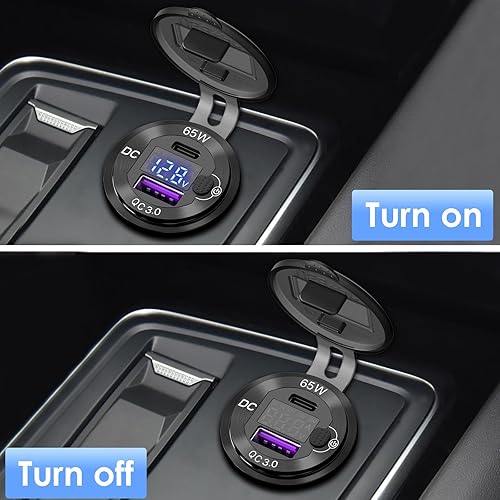 Miniatura 4 de Qidoe Enchufe de cargador USB de aluminio de 12 V para portátil con 65 W PD USB-C, puerto USB QC3.0 de 18 W y voltímetro digital Smart Boost 12 V