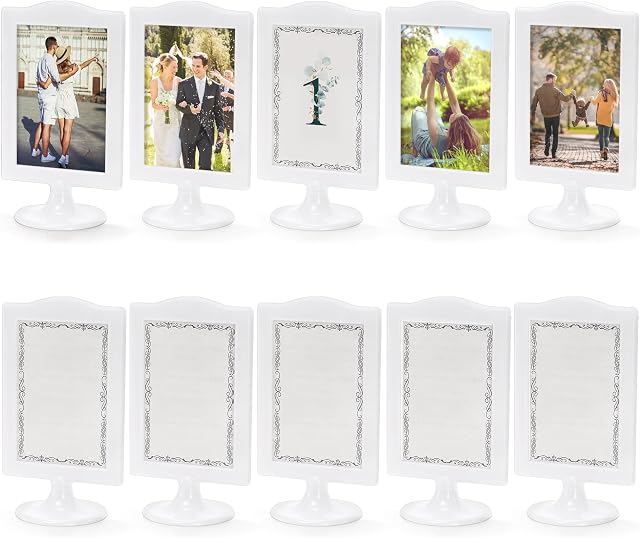 Lawei 10 PCS Cadres d'image debout à double face 4x6 Inch, en vrac de cadre de photo de pédalier en plastique, porte-photo vertical blanc avec inserts & Base, Cadres d'affichage pour le mariage, Table