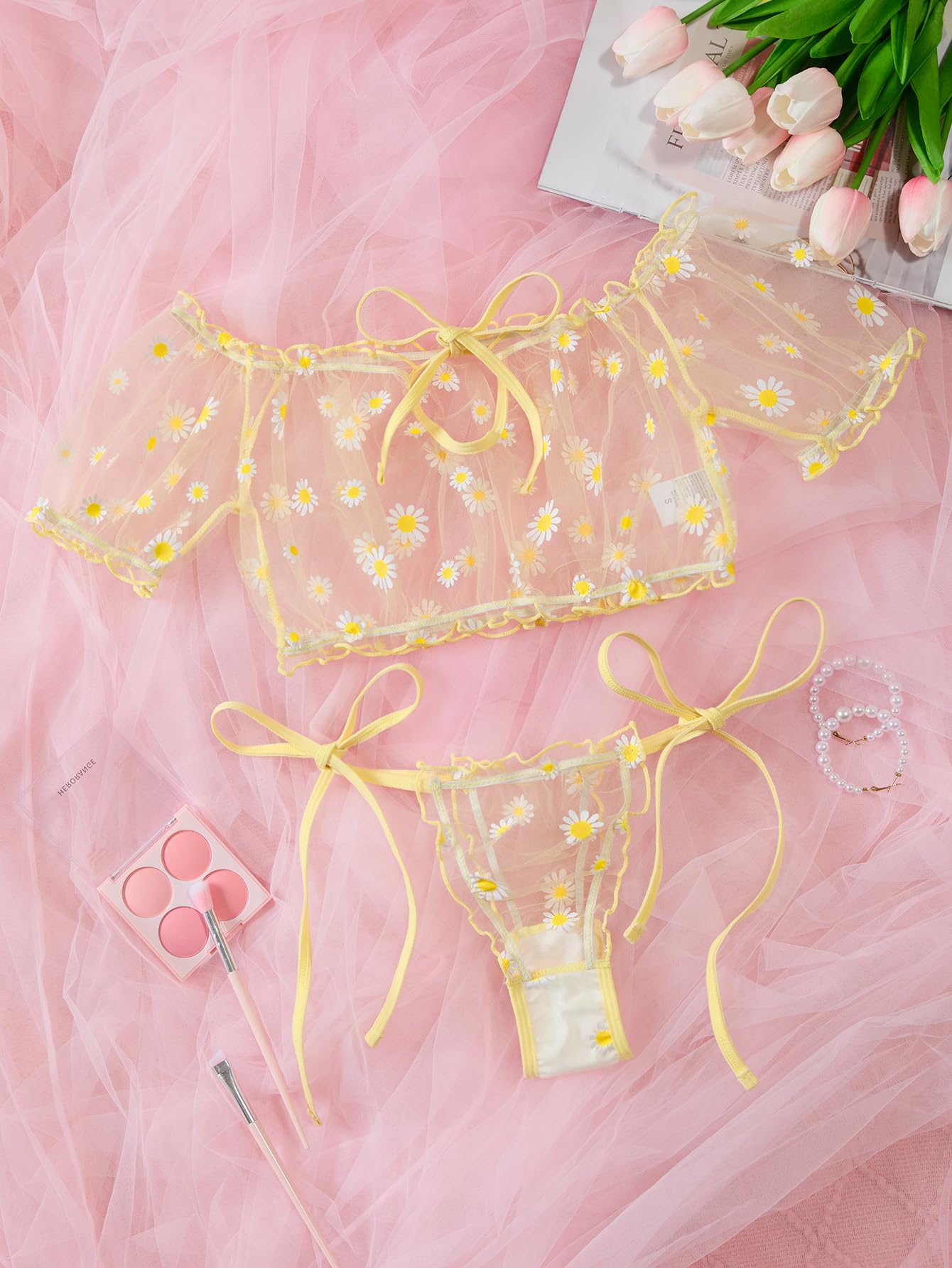 Lilosy Sexy Stretch Ruffle Tie Sheer Mesh Lingerie Set Outfits: Small Flower Yellow
