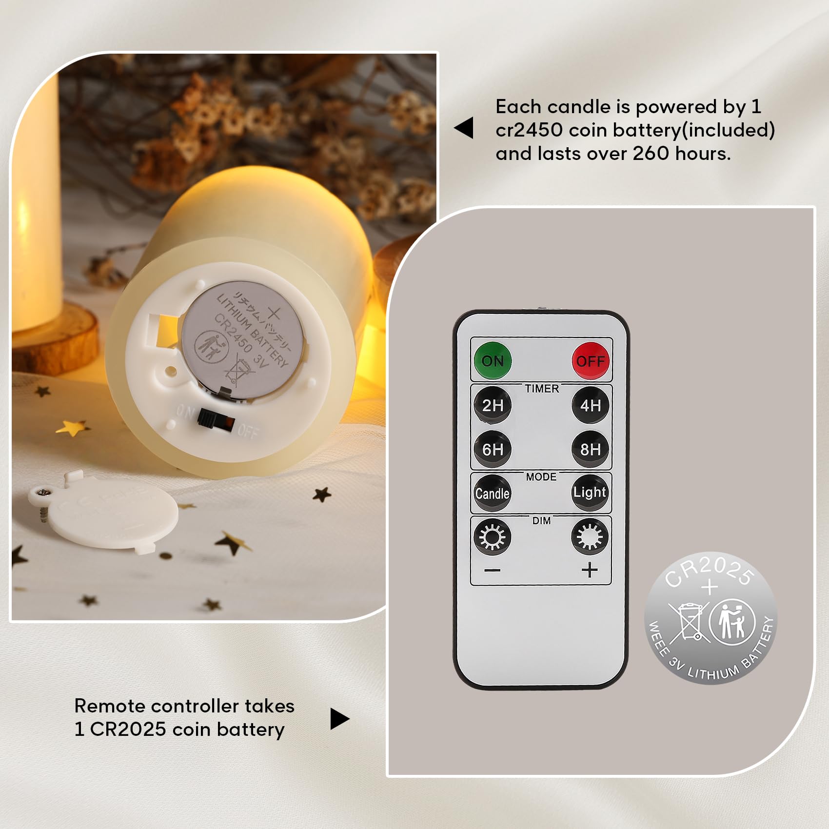 Eywamage Candele votive senza fiamma con batterie a distanza, 2 x 3 candele a LED tremolanti, set di 6 pezzi, colore: avorio