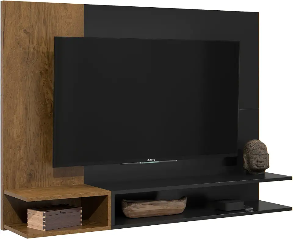 Painel Para TV Até 50 Polegadas Quarto/Sala Com Nichos E Prateleiras Suspenso - Quality Móveis (Preto/Nature)