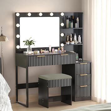Vanity Desk with Mirror and Lights,Fluted Makeup Vanity Table with Charging Station and 5 Drawers, Cushioned Stool, 4 Shelves, Makeup Table for Bedroom