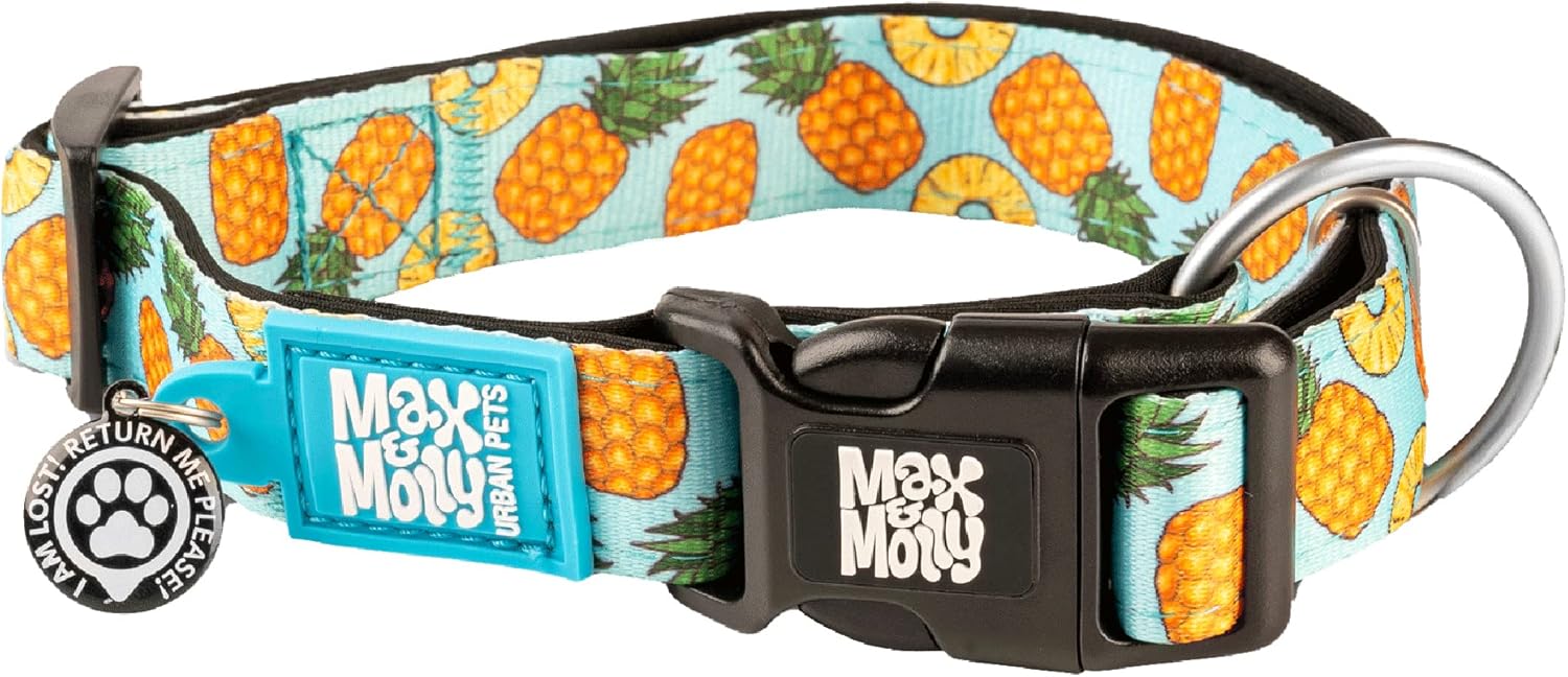 Max & Molly Urban Pets Fashion Smart ID Dog Collar, Anti-Fade, Adjustable Sizing w/Pet Profile Smart ID QR-Tag, Waterproof & Machine Washable, Sweet Pineapple Design Large (Neck Size 15-25″) Max & Molly Urban Pets Fashion Smart ID Dog Collar, Anti-Fade, Adjustable Sizing w/Pet Profile Smart ID QR-Tag, Waterproof & Machine Washable, Sweet Pineapple Design Large (Neck Size 15-25″)