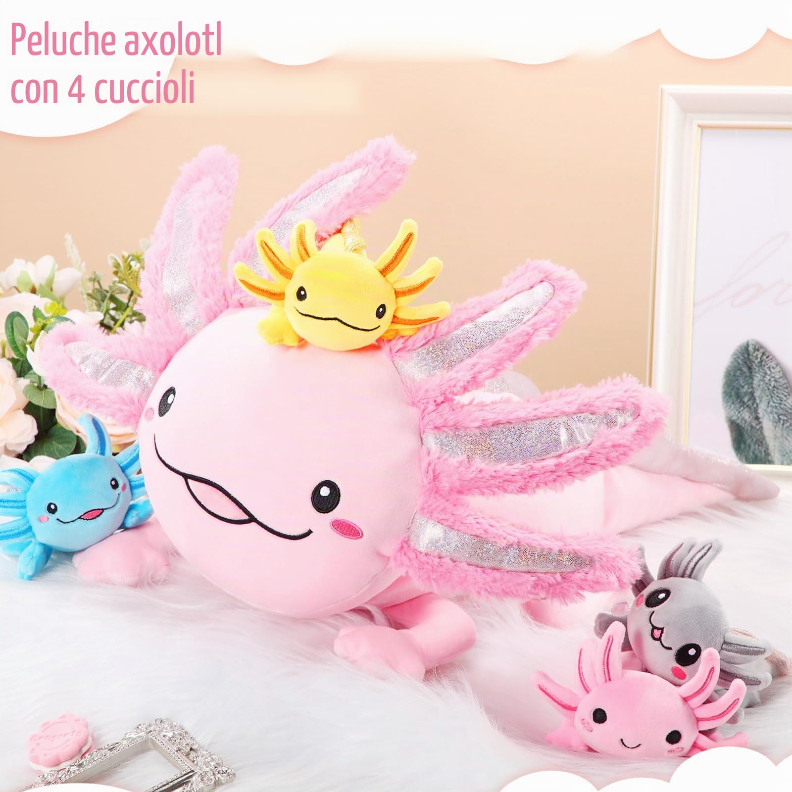 Aoriher Set di Peluche Axolotl da 5 Pezzi Peluche Mamma Axolotl da 60 cm con 4 Simpatici Bambini Axolotl di Peluche nella Sua Pancia Morbida Bambola di Axolotl per Ragazzi Regalo di Natale Compleanno