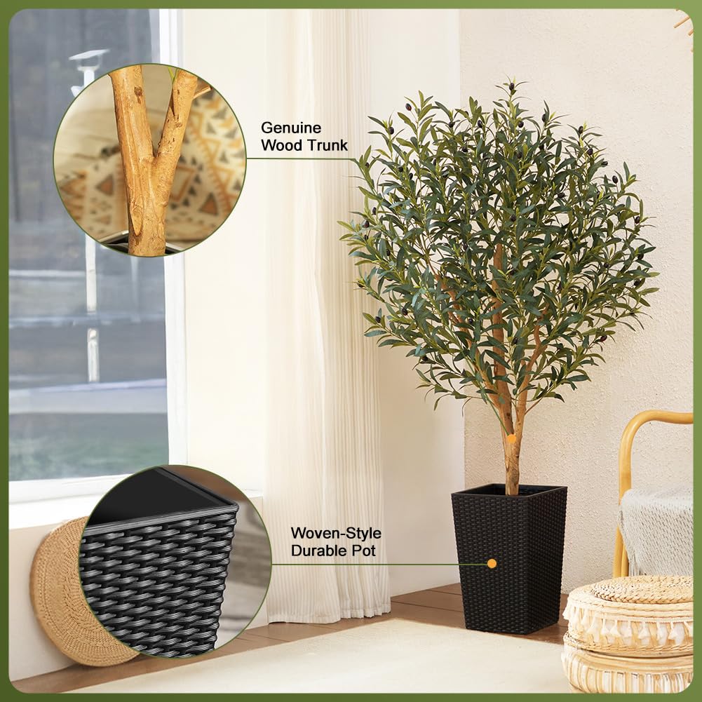 VeriNatural Künstlicher Olivenbaum 150cm - Fake Plastik Pflanzen Groß mit Schwarzer Kegelförmigem Topf - UV-beständige Kunstpflanzen wie echt für Wohnzimmer, Büro & Balkon Deko,VN133