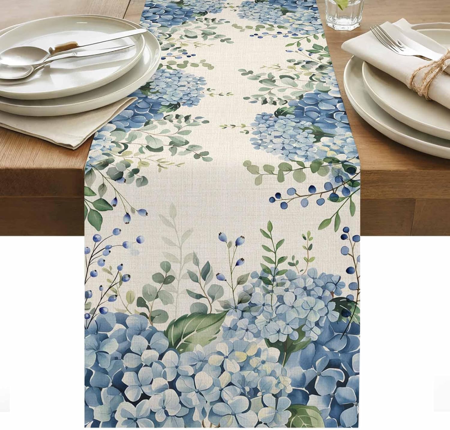 Table Runner Dresser Scarves, Farmhouse Eucalyptus Blue Hydrangea Plants Linen Table Runners 120 Inches Long,Non-Slip Washable Kitchen Dining Coffee Table Decor for Farmhouse Party Holiday Dinner