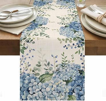 Table Runner Dresser Scarves, Farmhouse Eucalyptus Blue Hydrangea Plants Linen Table Runners 120 Inches Long,Non-Slip Washable Kitchen Dining Coffee Table Decor for Farmhouse Party Holiday Dinner