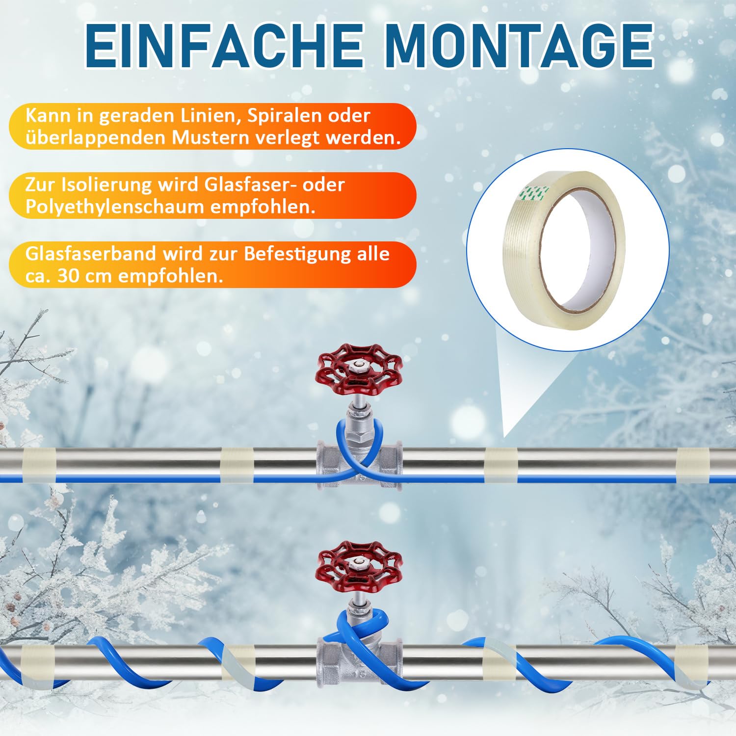 2x Fiqops Câble chauffant antigel de 4m avec thermostat et ruban adhésif de 10m, 68W 230V IP68 17 W/M Autorégulant Câble Chauffant Traçage Chauffant pour Tuyaux d'eau Plantes