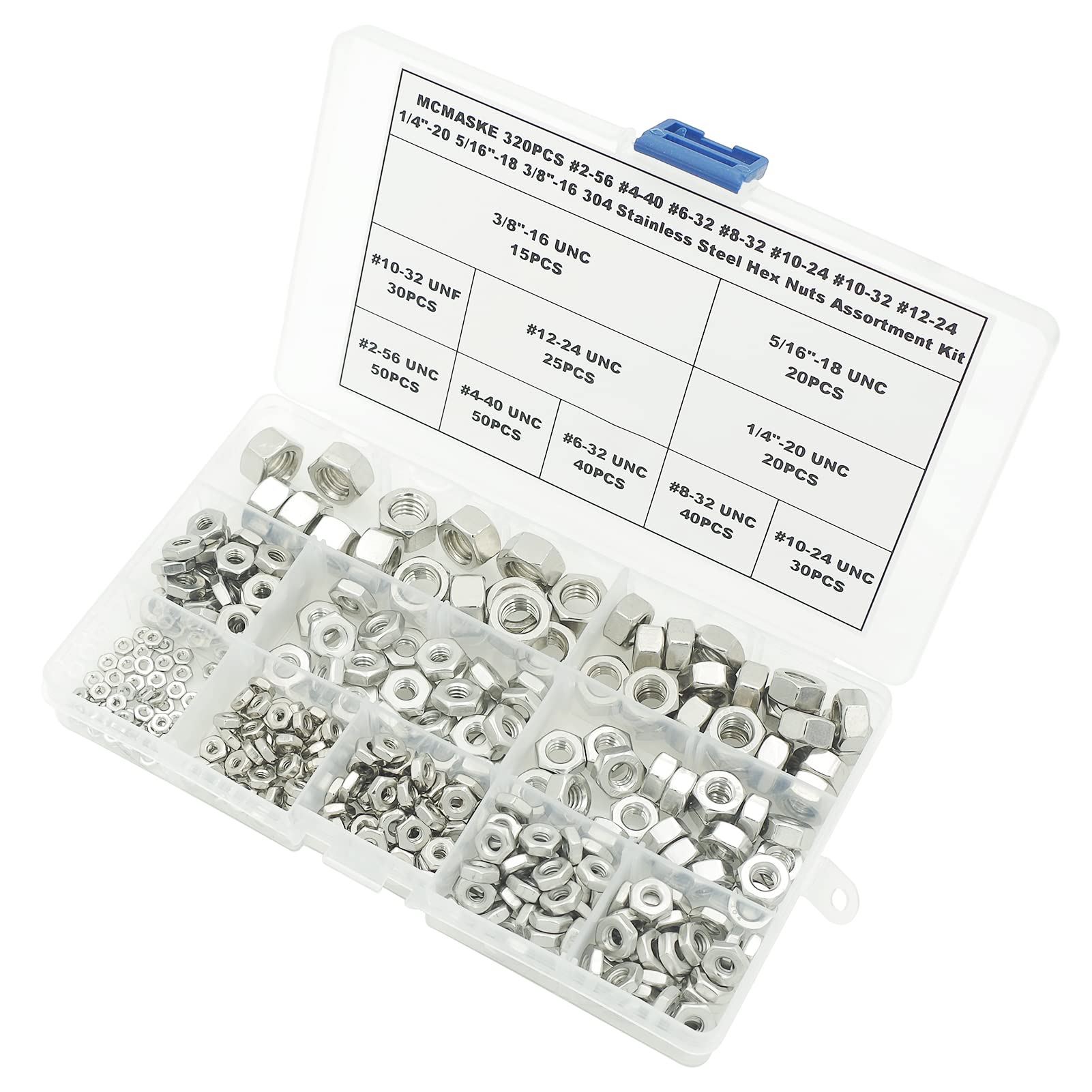 #2-56#4-40#6-32#8-32#10-24#10-32#12-24 1/4 Zoll-20 5/16 Zoll-18 3/8 Zoll-16 304 Edelstahl Sechskantmuttern Sortiment Kit