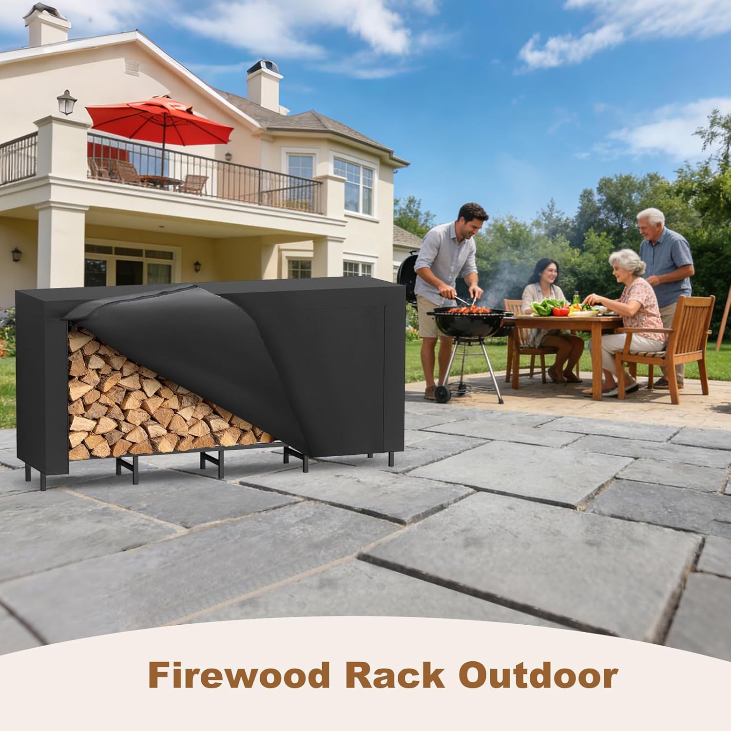 5.3Ft Firewood Rack Outdoor with Cover,Heavy-Duty Metal Indoor Wood Storage Rack,Firewood Holder for Fireplace,Fire Pit,Patio,Space Saving,Easy Assembly,Black