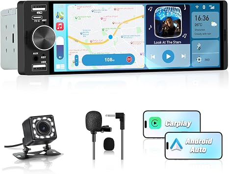 Junsun Autoradio 1 DIN 6,36" Tactile CarPlay Android Auto Bluetooth GPS