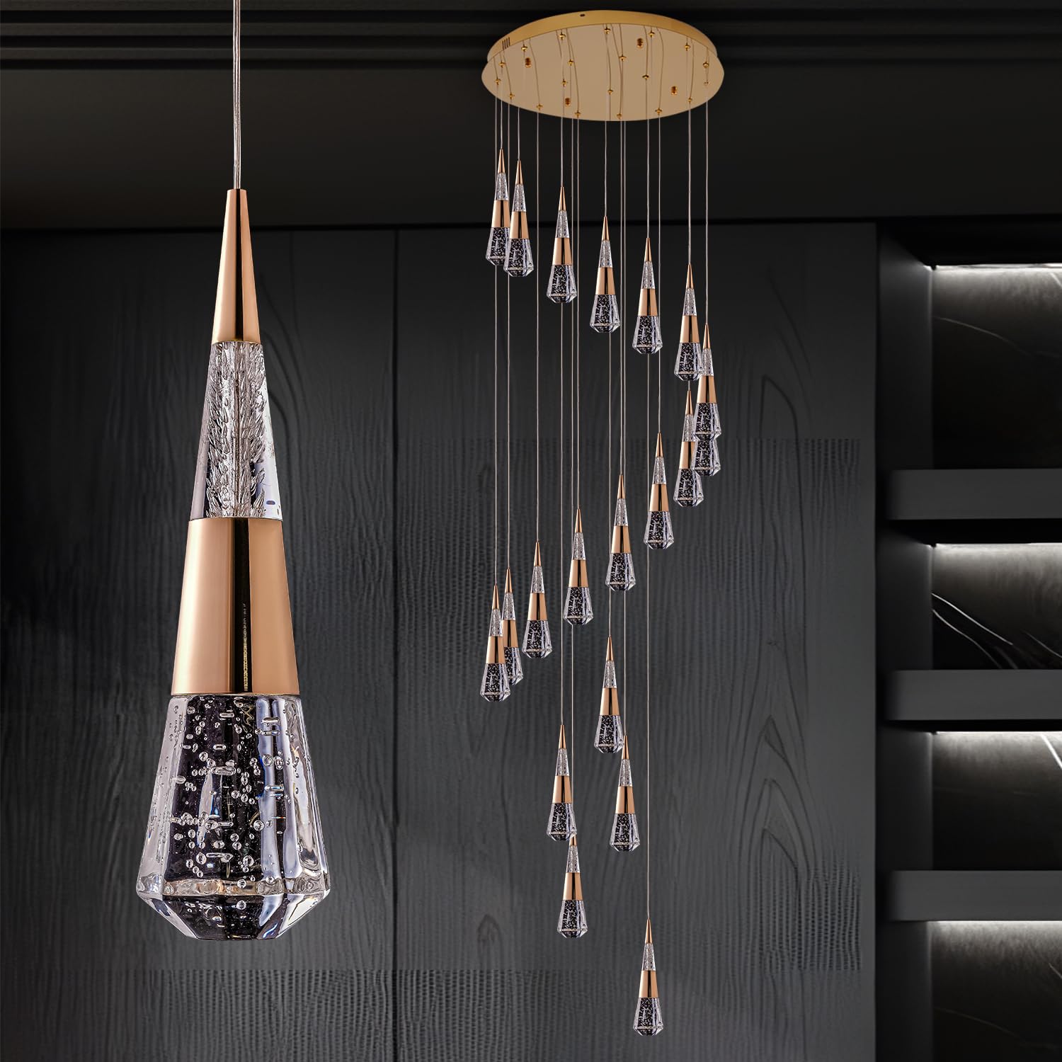 Entryway Chandeliers for High Ceilings,20-Lights Long Staircase Chandelier Gold Modern Led Chandelier for Living Room, Dimmable Foyer Chandelier with Remote Control