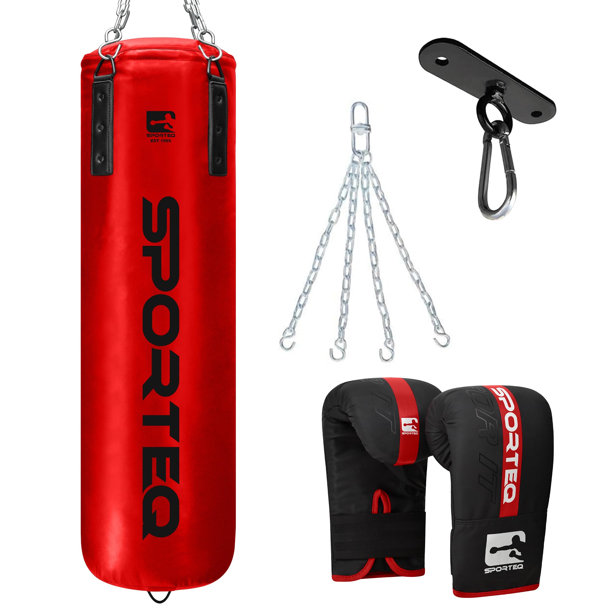 Sporteq Dyno Filled Heavy Boxing Punch Bag Set with Gloves, Chain & Ceiling Hook, 4FT Punching Bag for Boxing, Kickboxing & Muay Thai Training, Heavy Duty for Home & Commercial Gym Use