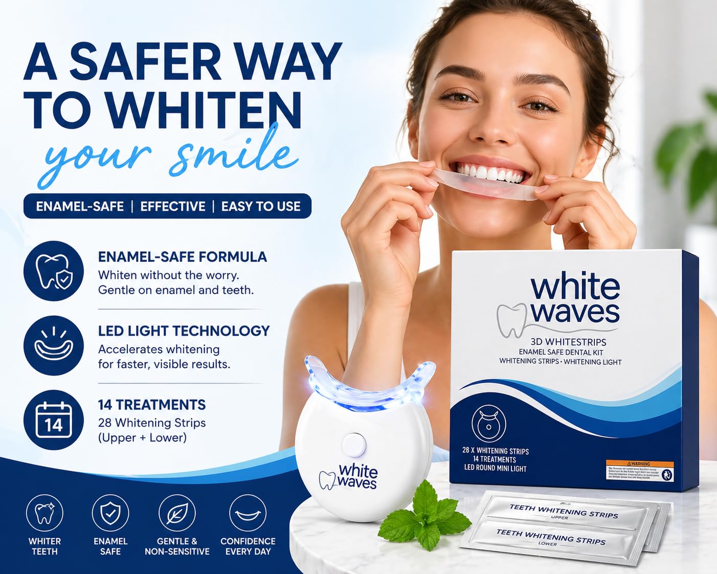 Kit de blanqueamiento dental con luz LED - Tiras blanqueadoras seguras para esmalte (14 tratamientos) - Sistema de blanqueamiento White Waves en casa