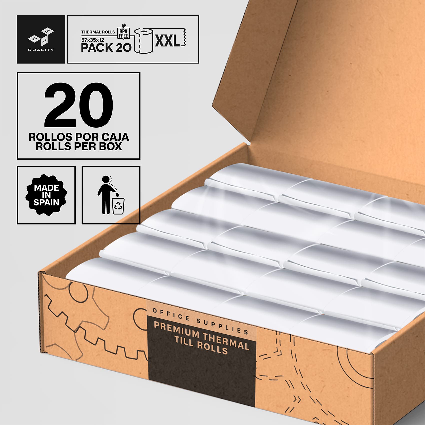 Rollos de Papel Térmico Blanco 57x35x12 mm Para TPV Sin BPA - Papel Termico 57mm - Papel Datáfono de Alta Durabilidad (20)
