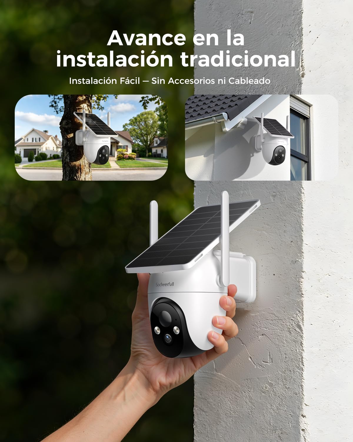 2K Cámara de Vigilancia WiFi Exterior Solar,360° PTZ,Sin Cables | Panel Solar Integrado, Carga en Días Nublados, Detección Humana PIR, Alerta de Peligro, Visión Nocturna Color, IP66