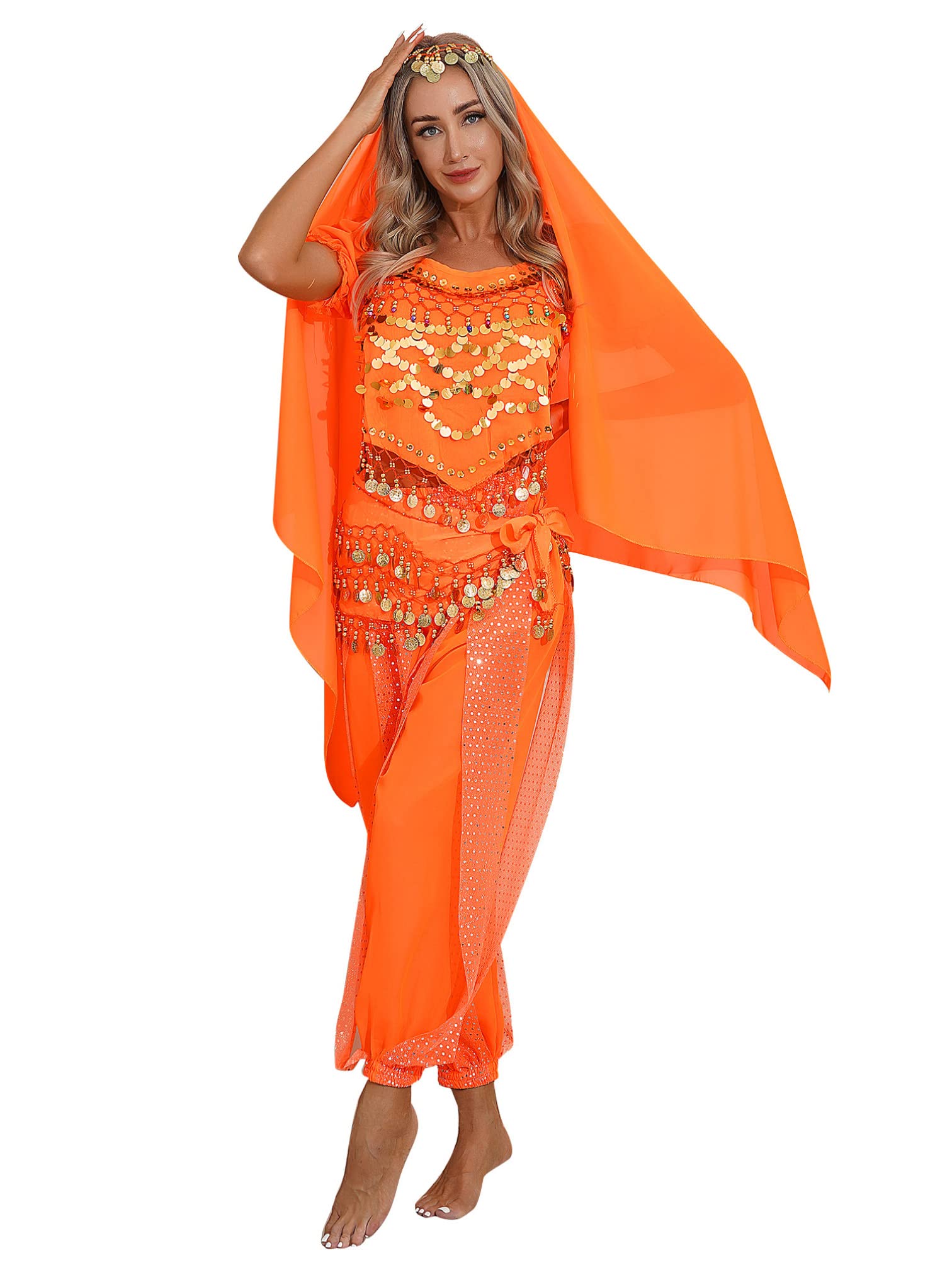 MSemis Damen Bauchtanz Kostüm Set Pailletten Tanzkleidung Indische Tanz Performance-Kleidung Halloween Karneval Tanzende Professionel Kostüm