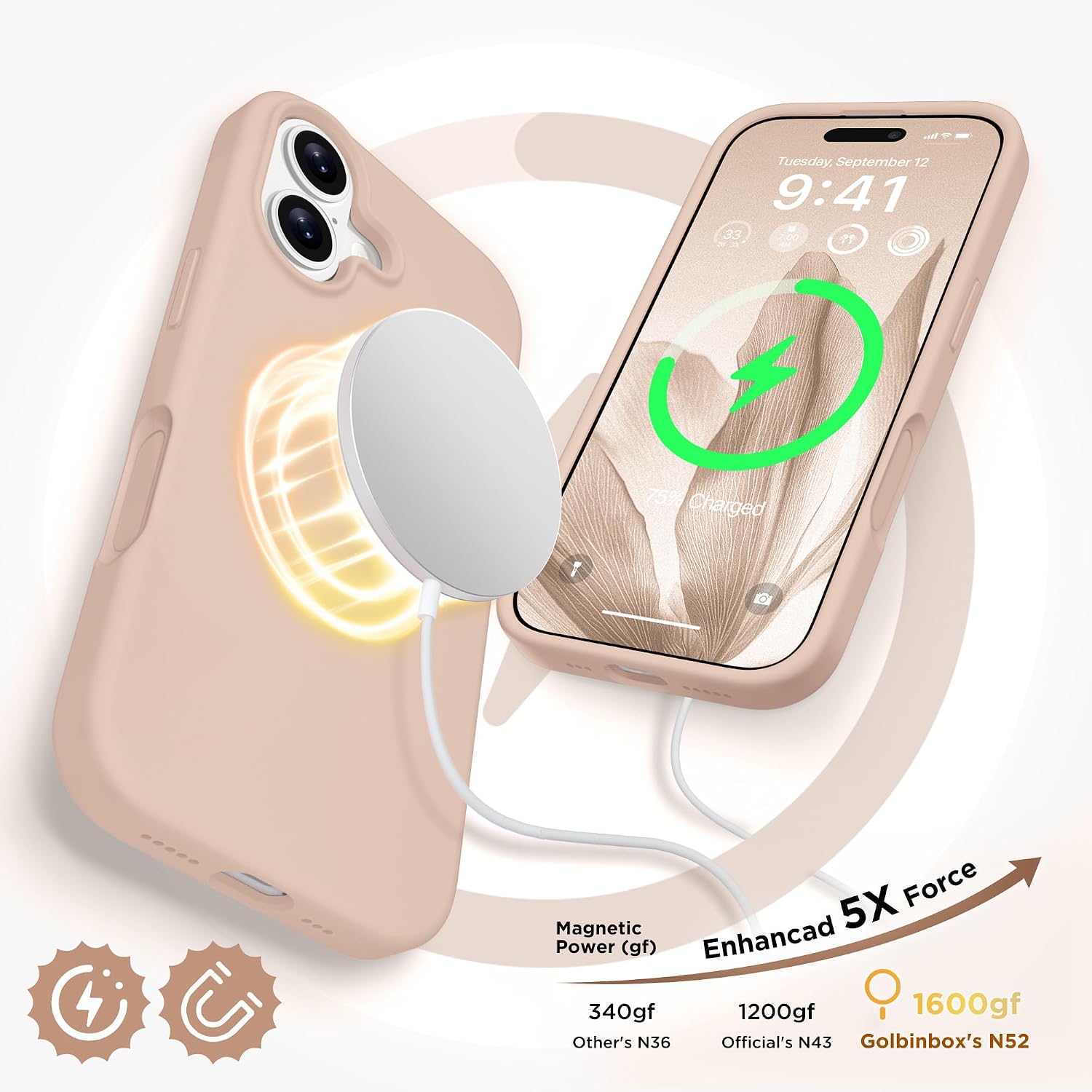 GolbinBox Magnetic for iPhone 17 Case, Compatible with MagSafe, Screen Protector + Camera Lens Protector, Liquid Silicone Shockproof Phone Cover with Anti-Scratch Microfiber Lining, Sunny thumbnail
