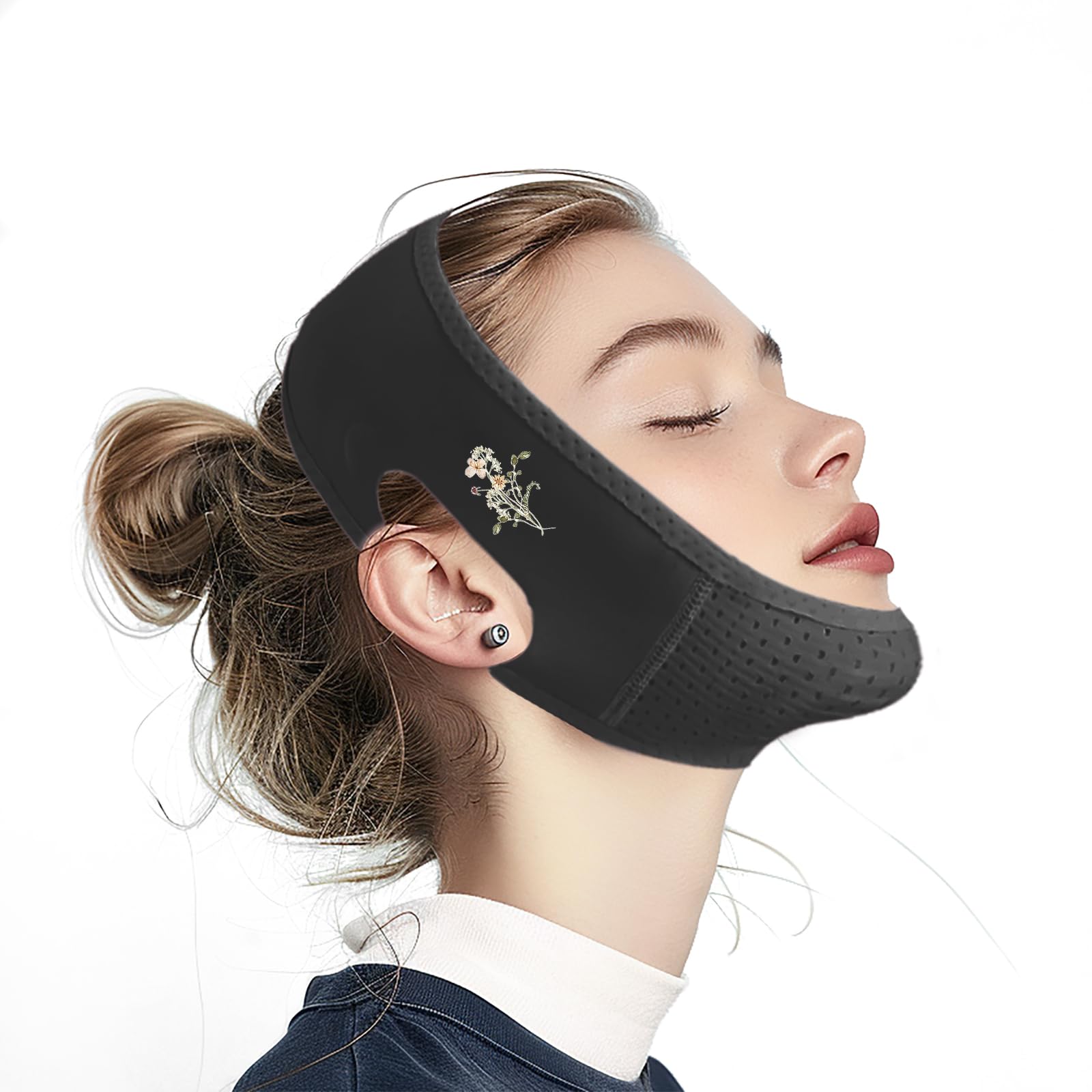 Chin Strap for Sleeping Elegant Floral V Line Lifting Mask Reusable Face Strap Jaw Exerciser black