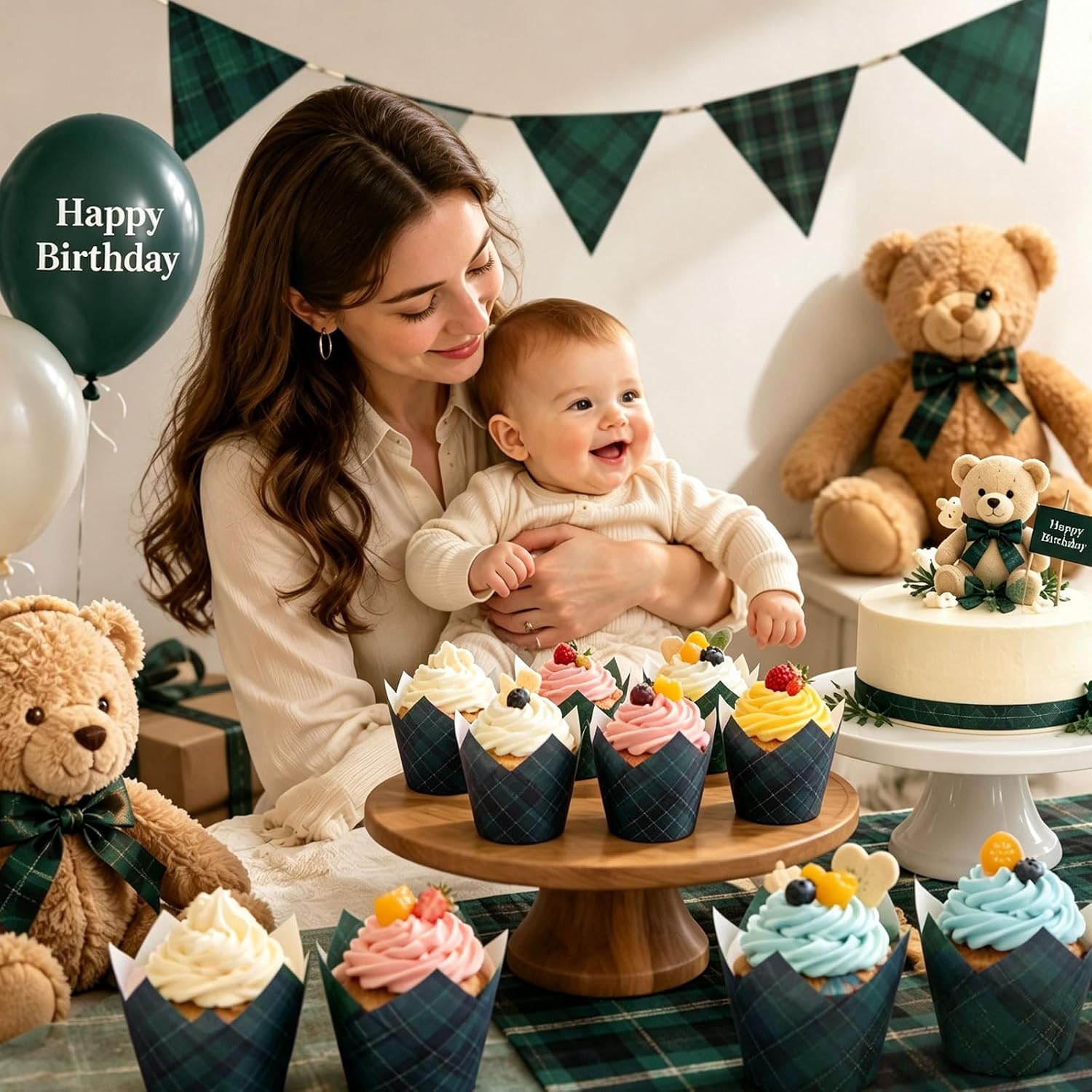AnyDesign 200 Pcs Plaid Cupcake Liners Green Blue Tartan Muffin Tulip Baking Cups Cupcake Wrappers for Wedding Bridal Baby Shower Birthday Christmas Holiday Party Supplies Table Decor