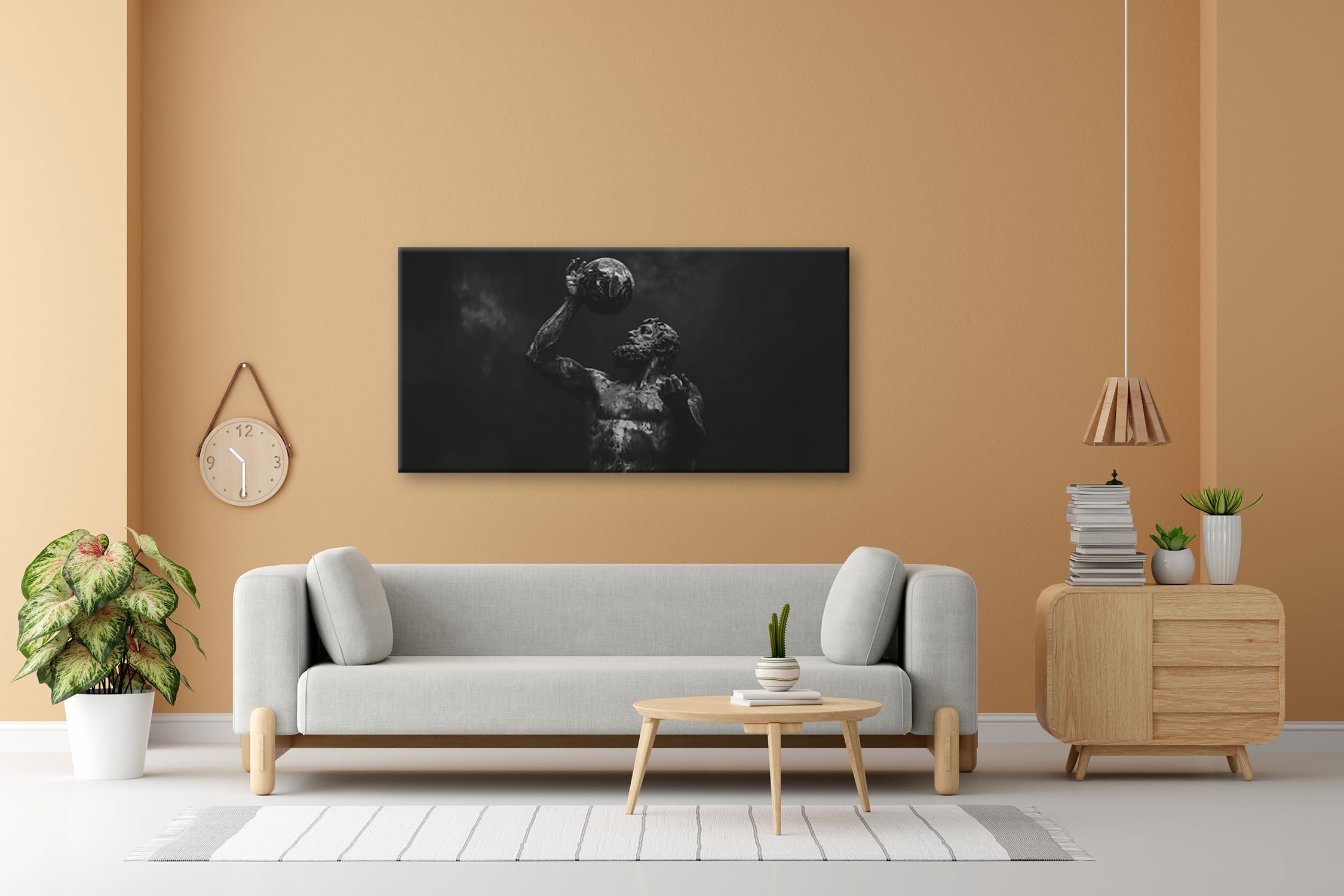 Impression sur toile Atlas élevant le monde - Force dans l'éternité bronzée - Panorama 120 x 60 cm - Effet : noir et blanc XXL - Impression d'art sur châssis - Décoration de salon