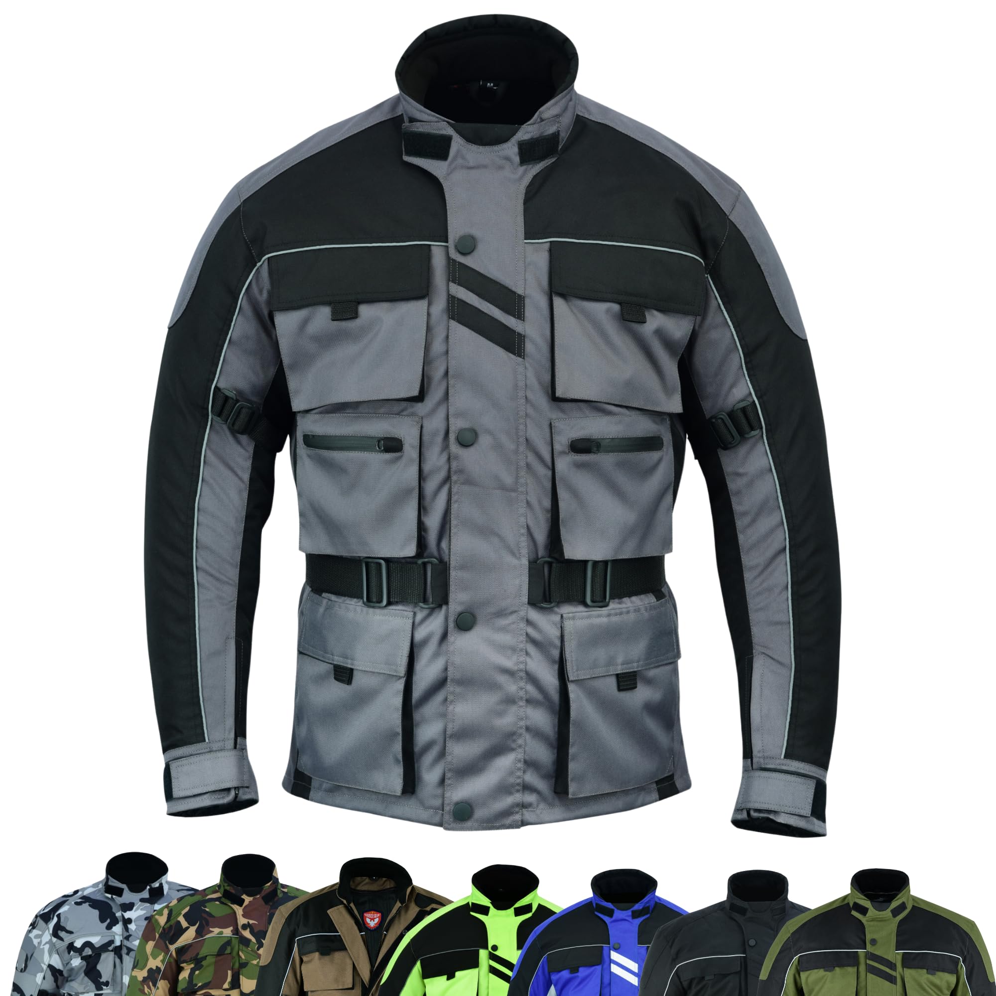 warrior gears 6 Pockets Mens Motorcycle Jacket, Textile Racing Motorbike Jacket, Hi-Vis Biker CE Protective Armored Jackets Mens Waterproof & Mesh Lining Breathable, Grey - Large