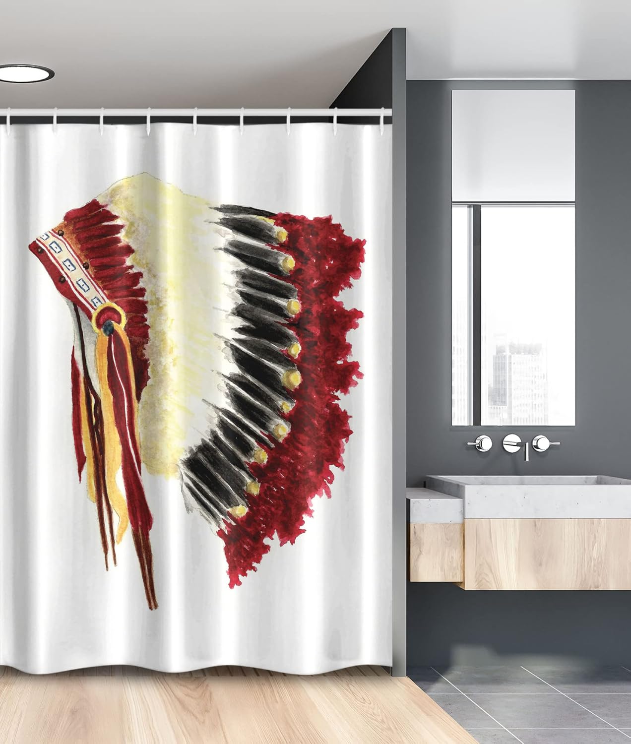 Ambesonne Tribal Stall Shower Curtain, Original Symbolic Eagle Feather Headdress Native Life Style, Fabric Bathroom Decor Set with Hooks, 54" W x 78" L, White Black