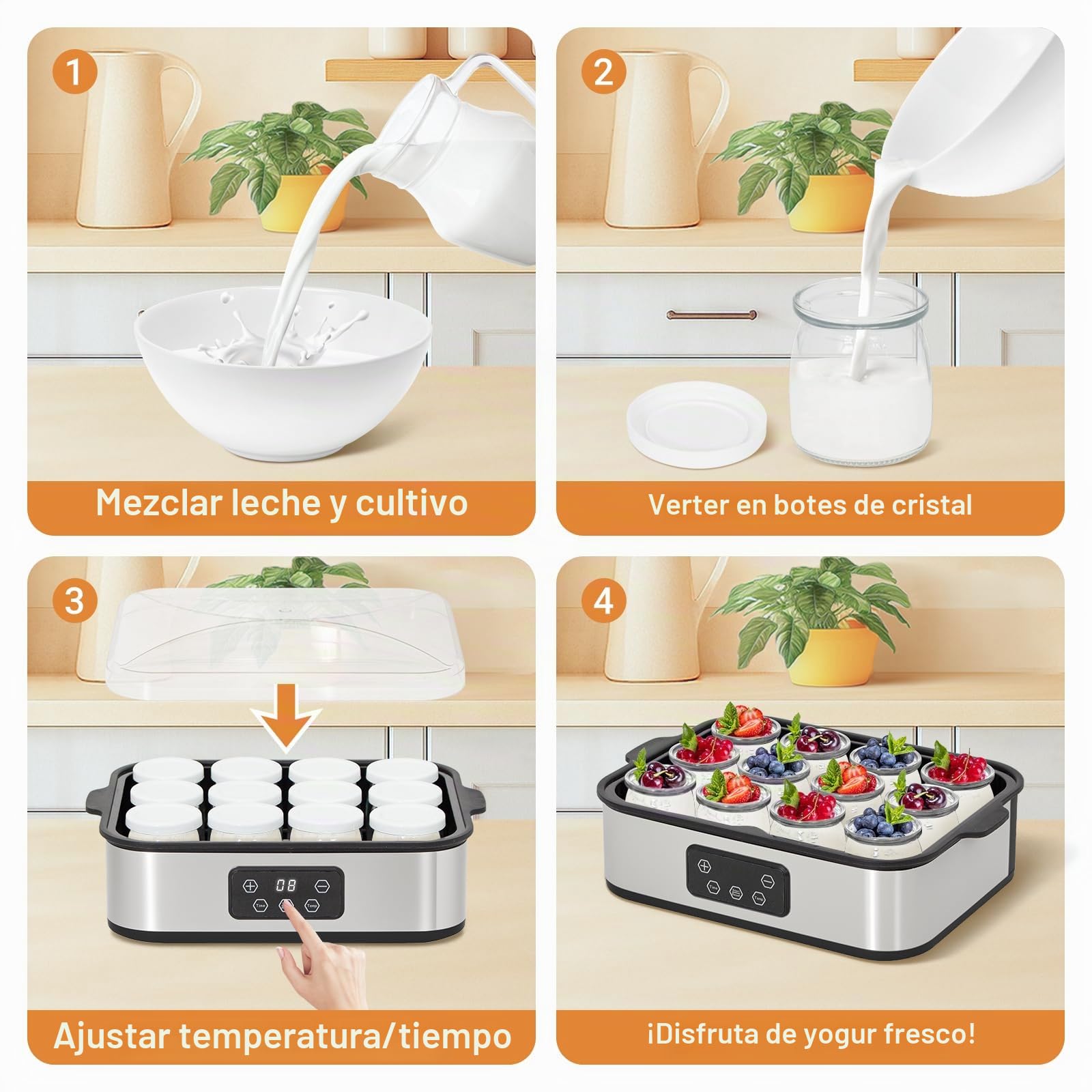 Todeco Yogurtera Eléctrica con 12 Tarros de 180 ml con Tapa, Máquina de Yogur Casero de Acero Inoxidable, Pantalla LCD, Tiempo y Temperatura Ajustable, para Yogur Griego, Yogur Frutas