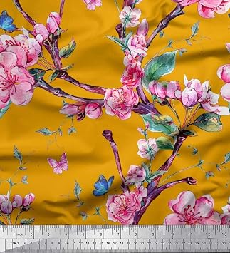 Soimoi Poly Georgette Gold Fabric - by The Yard - 42 Inch Wide - Branches, Leaves & Pink Flower Luxe Fabric - Whimsical and Botanical Fusion for Trendy Projects Printed Fabric