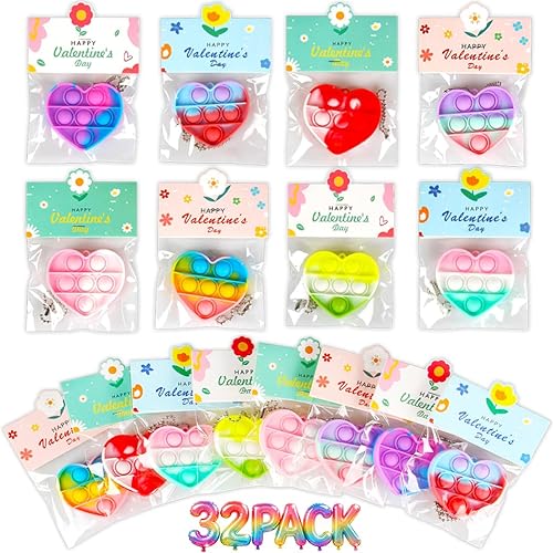 32 Pack Valentine's Day Heart-Shaped Pop Fidget Toys for Kids, Classroom Bulk Gifts with Keychains & Cards, Perfect for School Party & Class Exchanges