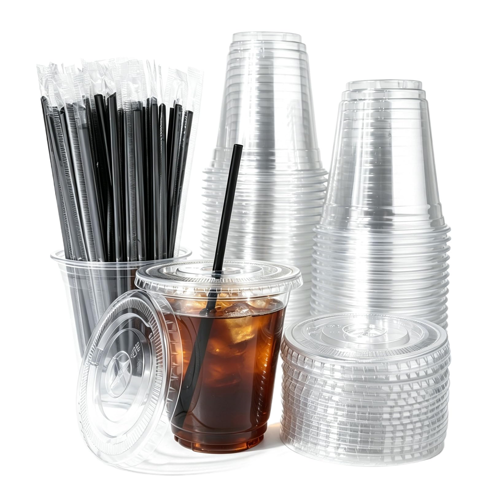 Lekeeu Clear Plastic Cups with Lids 50Pcs Reusable Iced Coffee Cup with Lids and Straws 400ml Tumbler Drink Cup Smoothie Cups Cold Drinks Party Catering for Milkshakes Picnic Takeaway