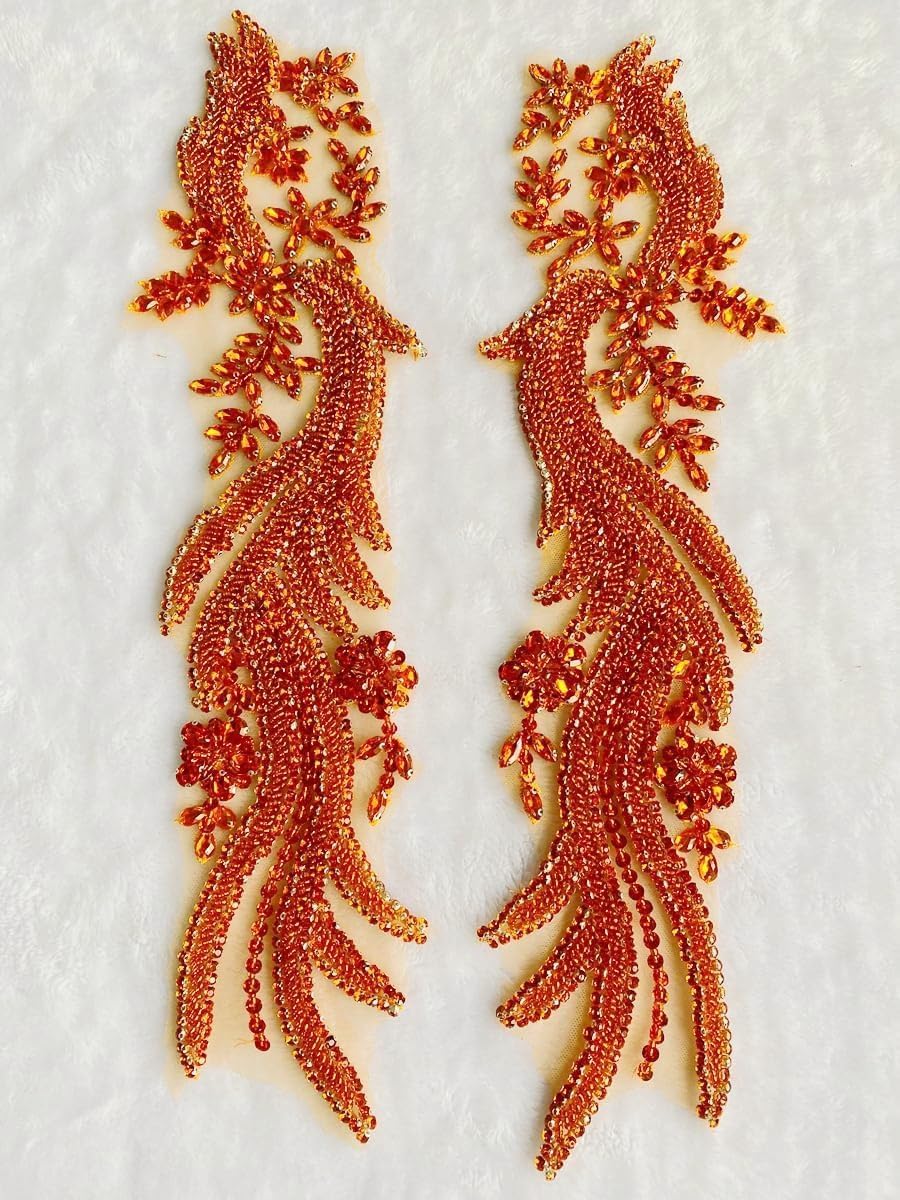 Handmade Rhinestones lace Appliques sew on Beads Trim Patches for Dress Clothing Accessories 1Pair/Bag 5.5X20.4inches (Orange)