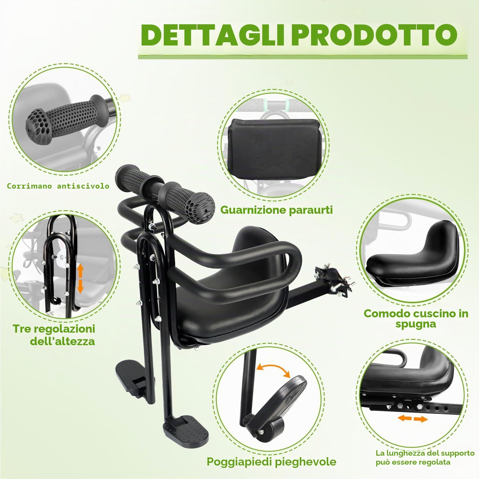ZUKKA Seggiolino anteriore per bicicletta, portata fino a 25 kg/55 pound per bambini, sedile anteriore per biciclette, sella per bambini con pedali, supporto per bici da corsa e mountain bike