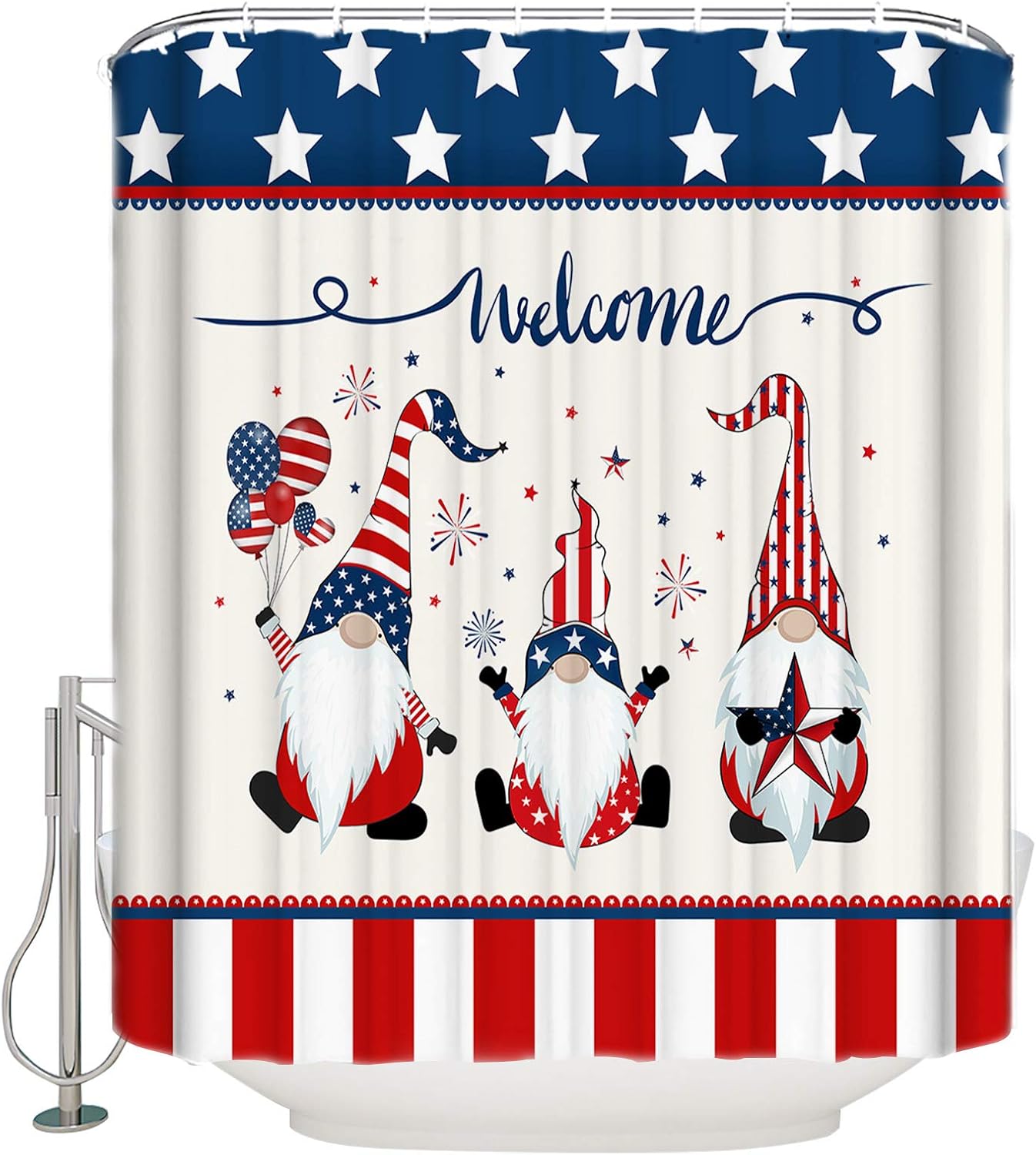 YOKOU Independence Day Gnome Shower Curtain, Red Stripe Star Fourth of July Polyester Fabric Bath Curtains with Hooks for Bathroom Showers Stalls Bathtubs, 60"x72"