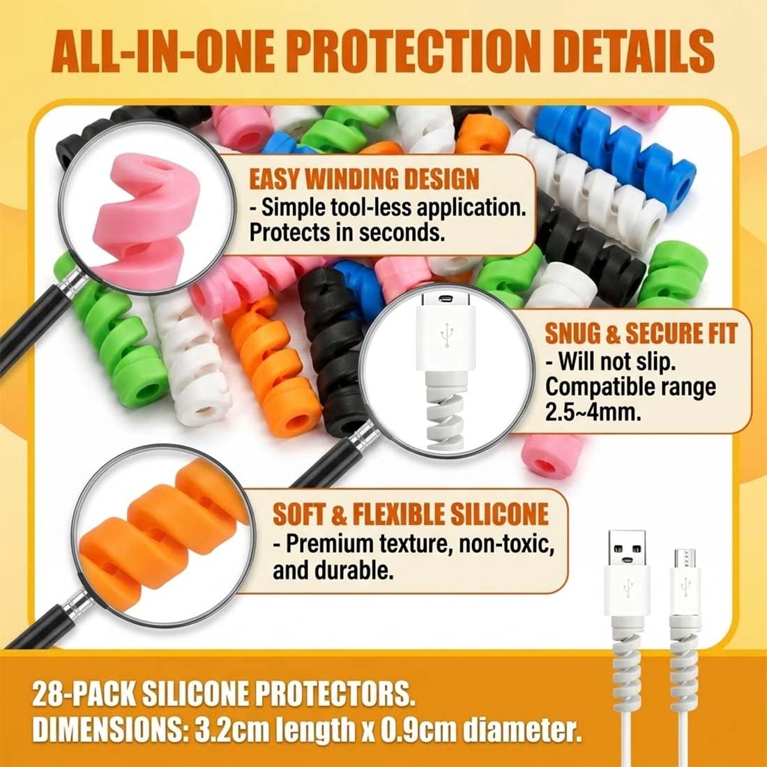 28 Protezione Cavo Copri Caricatore in silicone a spirale, antigroviglio e antirosicchiamento, per cavi Apple e Android, multicolore (verde, nero, bianco, grigio, giallo, rosa, blu)