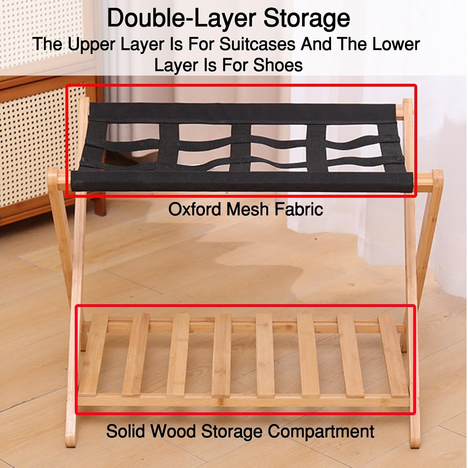Luggage Rack, Bamboo Suitcase Stand, Folding Luggage Holder,110 Lbs Capacity, Suitable for Bedrooms, Living Rooms, and Studies(Black)