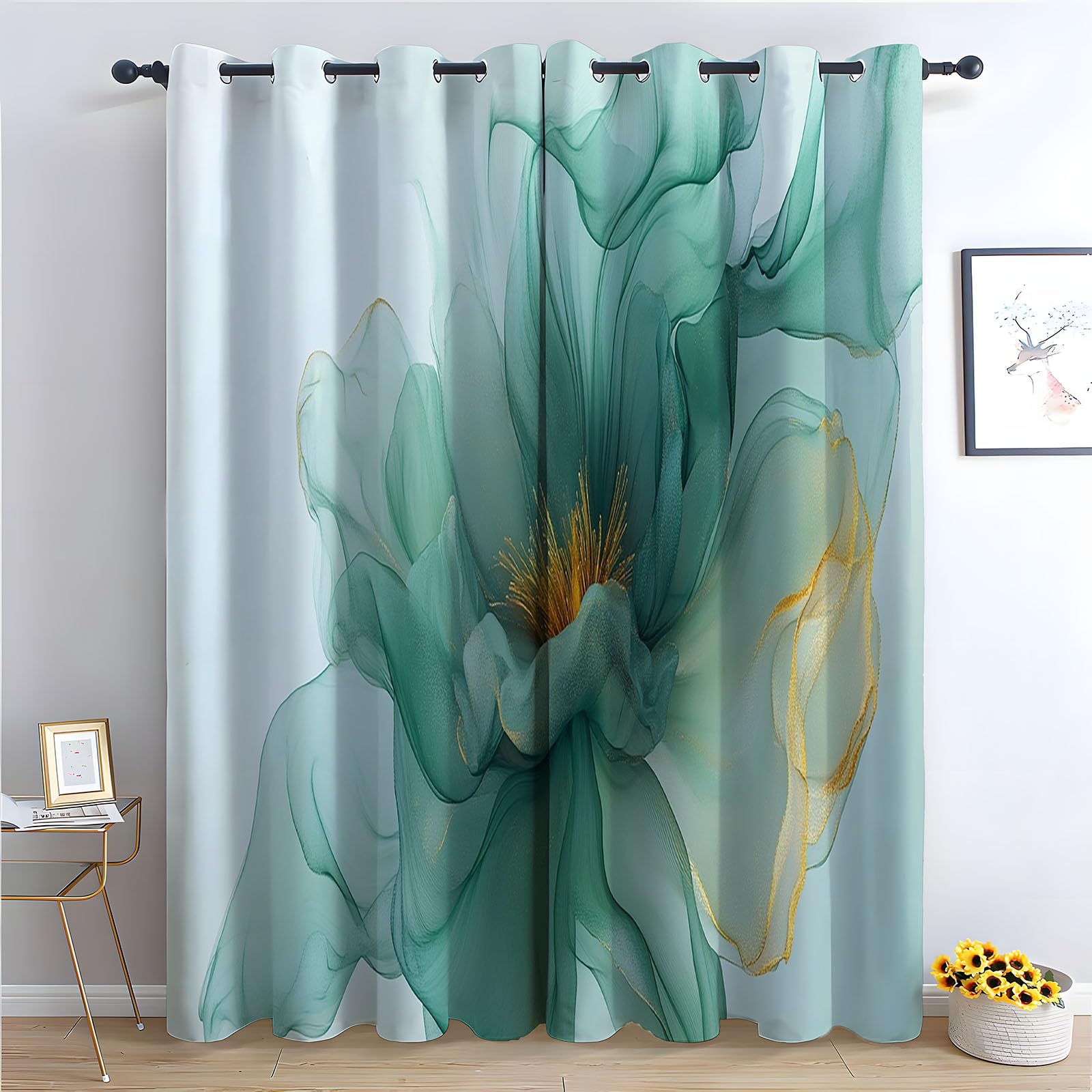 Rideaux de pivoine abstrait or et vert sauge - 140x110 cm duo de draperies