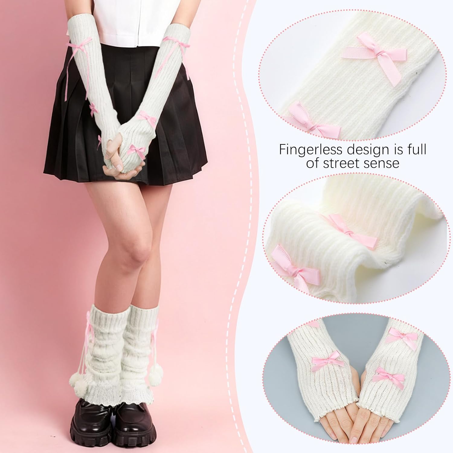 Cutecrop 2 Pcs Y2K Accessories Leg Warmers and Arm Warmers Set for Women and Girls Winter Soft Ribbed Fingerless Gloves and Socks with Bow and Fur Balls Harajuku Kawaii Lolita Style