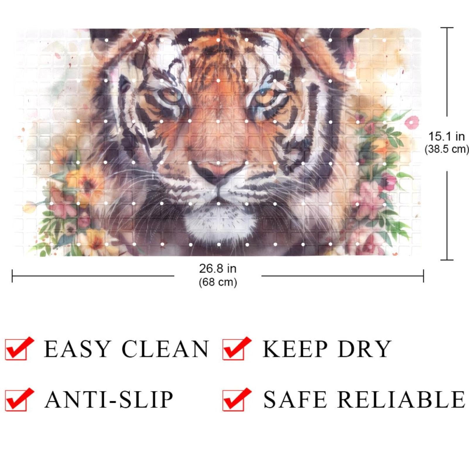 Rutschfeste Badematten für Badezimmer, Motiv: Tiger mit Blumenkranz, rechteckig, maschinenwaschbar, 40 x 70 cm