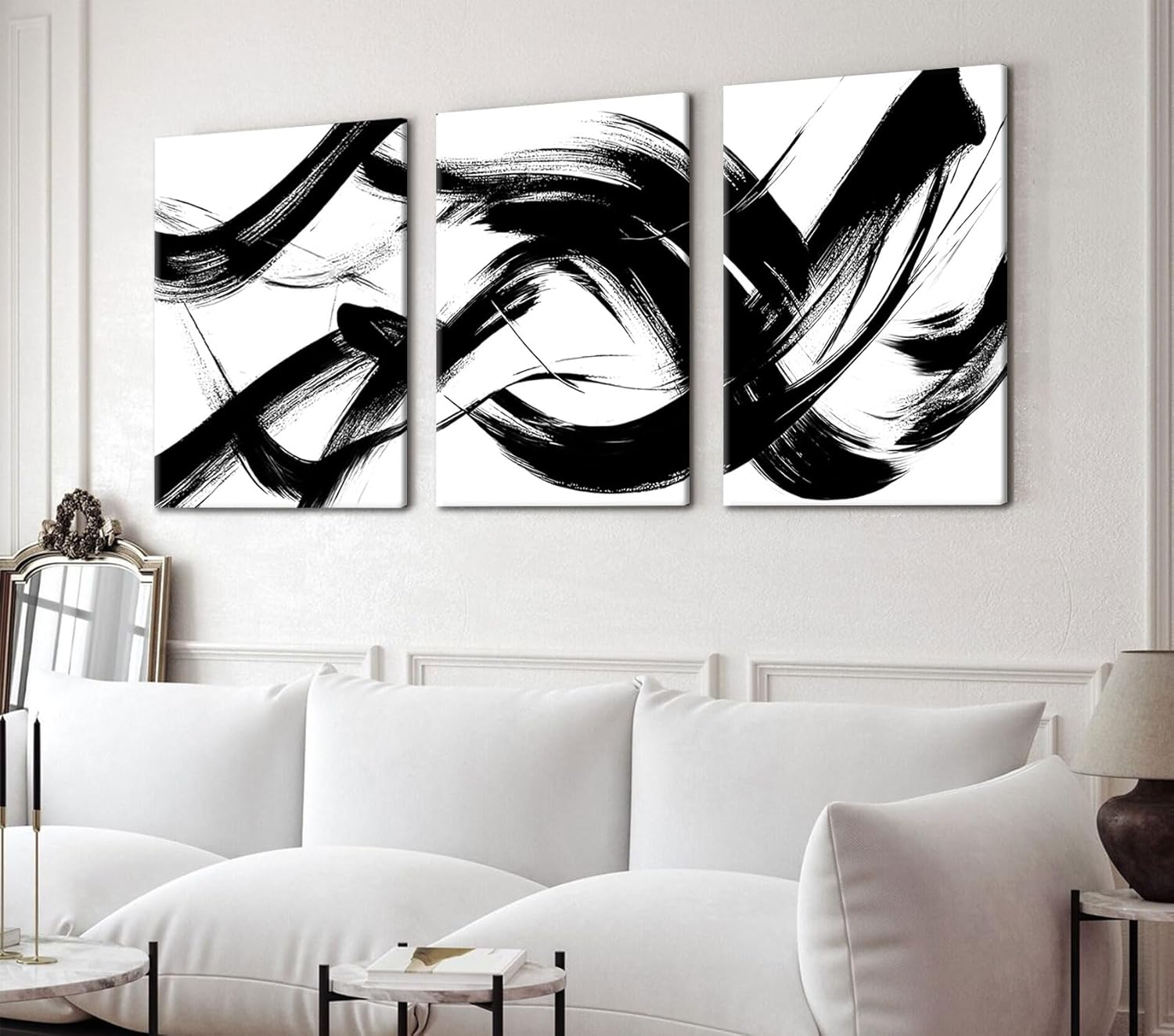RUURUU 3Pcs Framed Black and White Abstract Wall Art Black Lines Canvas Wall Decor Brush Stroke Pictures Modern Minimalist Gallery Posters Paintings Prints For Living Room Bedroom Home Office 12x16 Inches