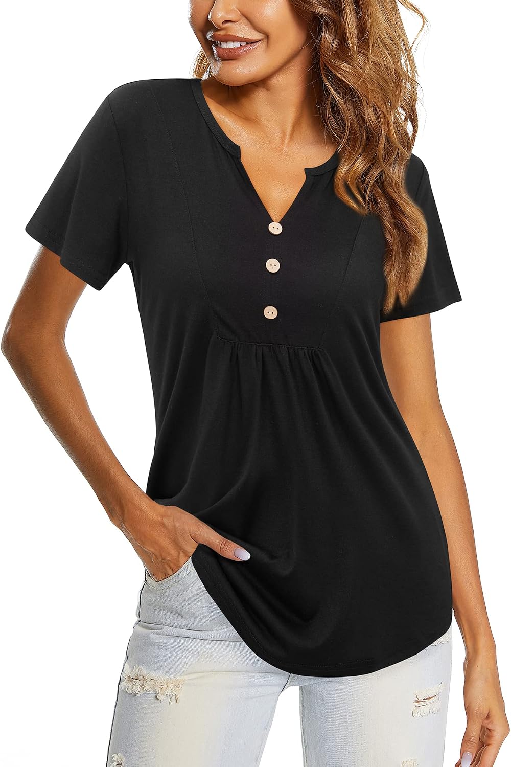 LAISHEN Women's Long Sleeve button Down Tunic Tops Henley V Neck Casual Swing Shirts Blouse