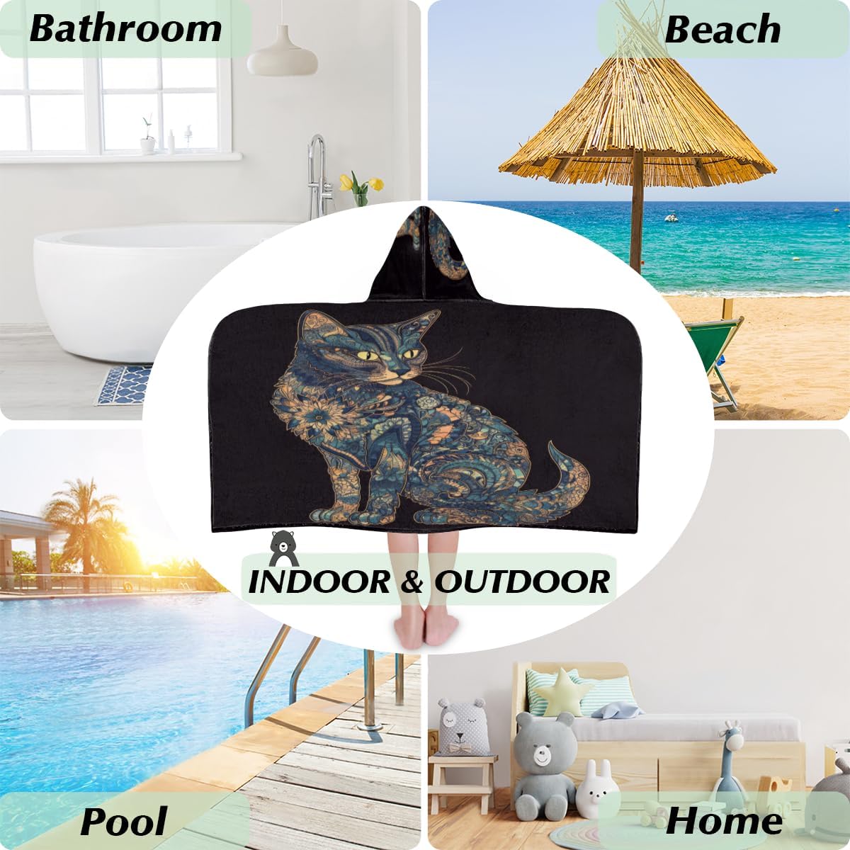 Pardick Kids Bath Towel Vintage Cat Beach Towel with Hood Pool Cover Up for Girls Boys Soft Absorbent Hooded Bath Towel Toddler Towels for Beach, Pool
