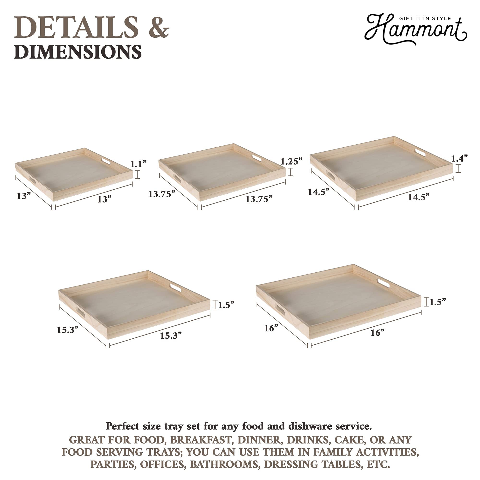 Wooden Square Trays for Serving - Five Piece Nested Breakfast Tray - Wood Crafts Trays for Organizing | Bathroom Tray - Food Trays for Party Buffet Montessori Wooden Trays for Serving & Catering - Image 8